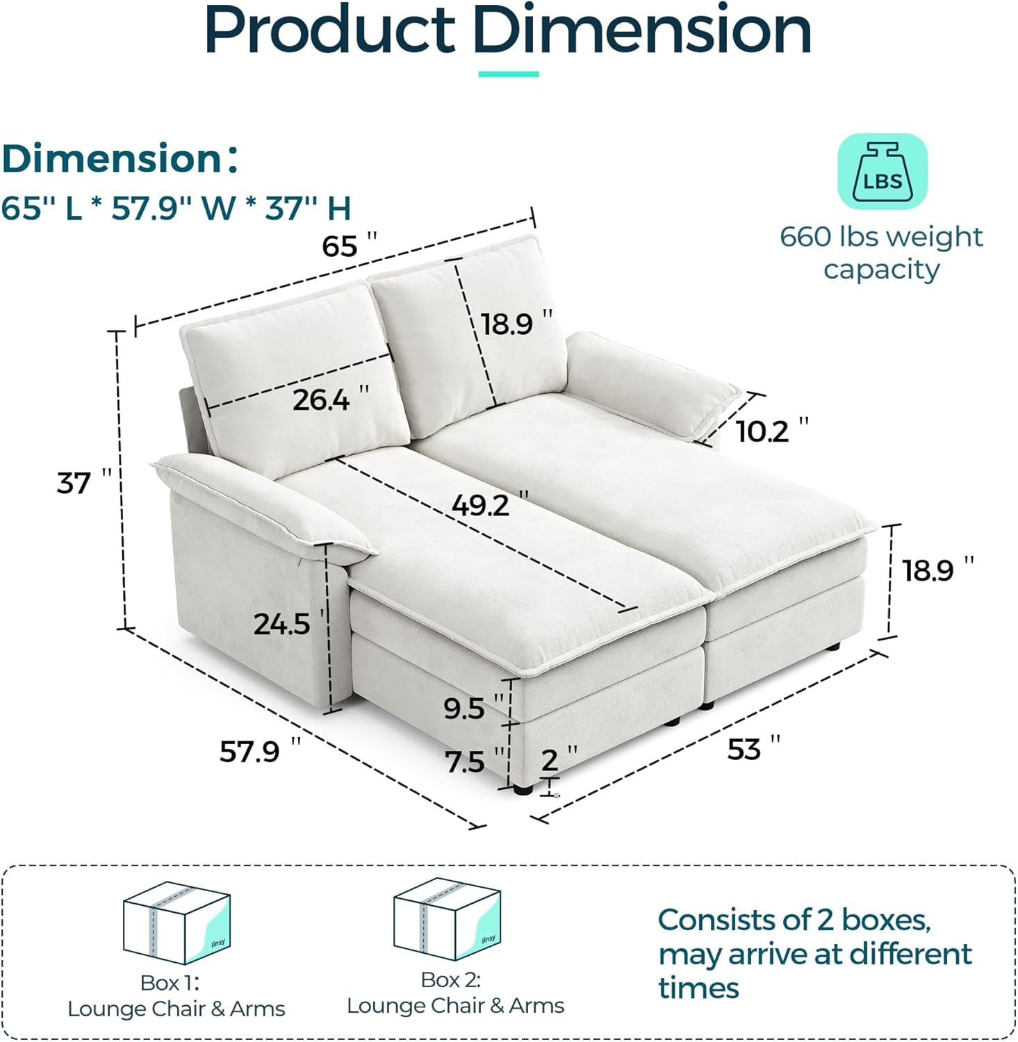 LINSY HOME Modular Sofa Chaise Lounge, 65" Cloud Sofa Bed Lounge with Armrests, Chenille Sleeper Sofa for Living Room, Apartment, Home Theater, Beige