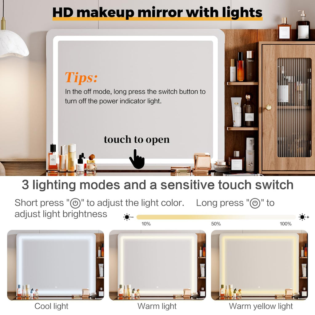 Arulvmrn Vanity Desk with 29.53" HD Lighted Mirror, 47.24" Big Modern Vanity Desk with Mirror and Lights, Makeup Vanity with 5 Drawers and Storage Shelves and Charging Station,Brown