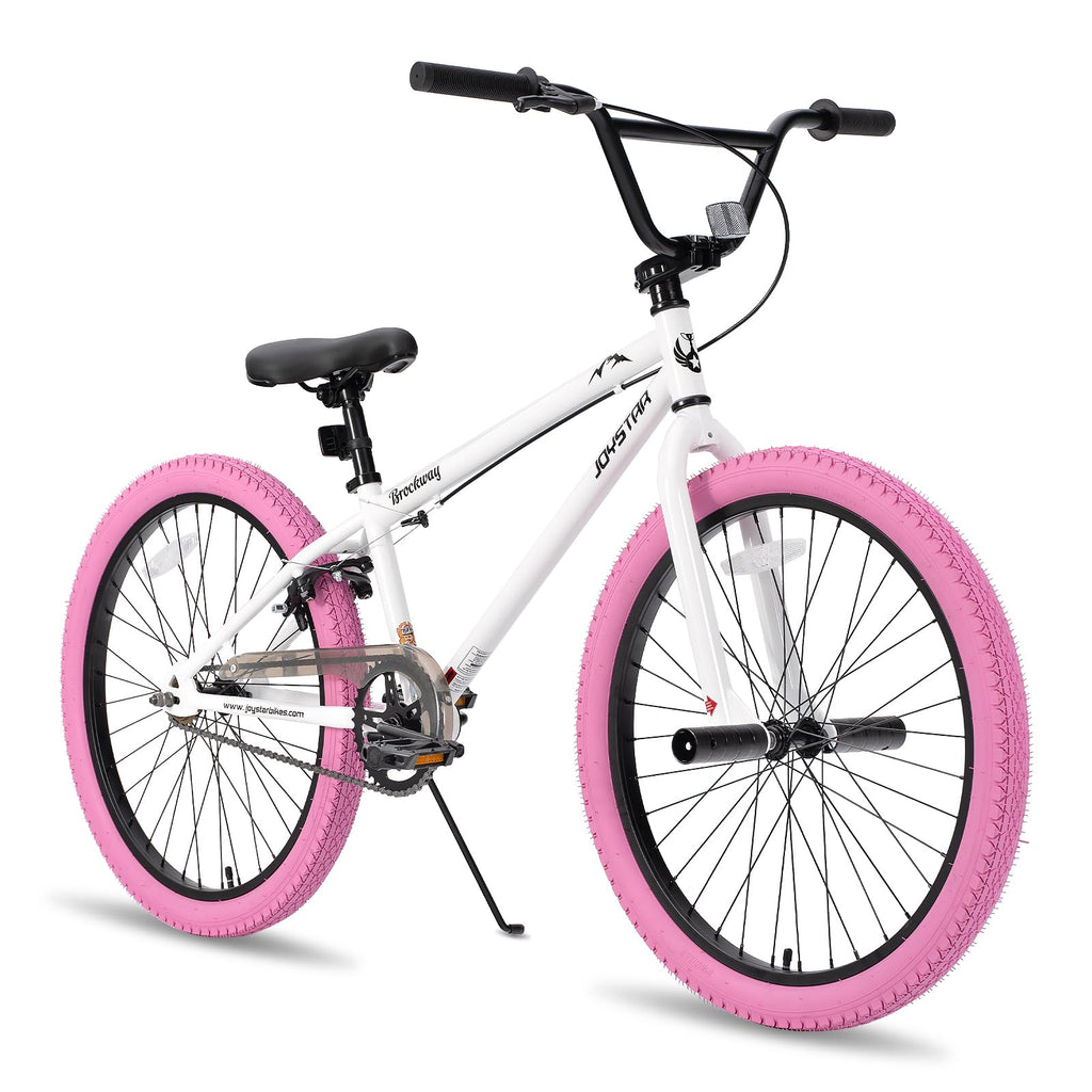 JOYSTAR 24 Inch Kids Bike Freestyle BMX Bikes for 8-12 Years Boys Girls and Beginner Riders, 24 Inch Bikes with Pink Tires, White Frame