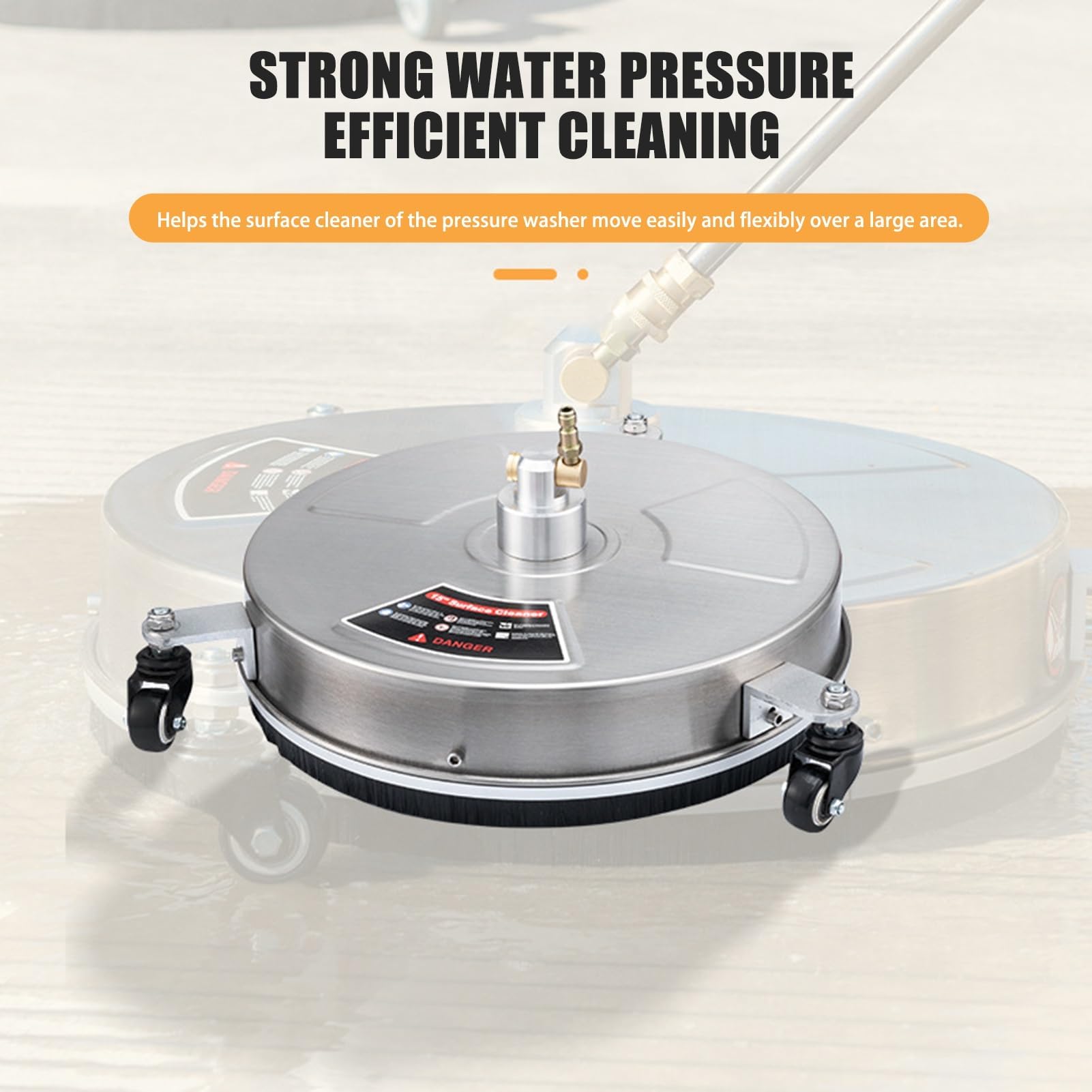 TRELVEX 15" High-Pressure Surface Cleaner on Wheels, Stainless Steel Power Washer Attachment with 1/4" Quick Connector and 2 ExWands for Sidewalks and Patios Stainless Steel