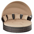 Oakmont Outdoor Patio Daybed with Retractable Canopy, Wicker Rattan Sectional Round Sofa Furniture Set, 5 Pieces Seating Separates Cushioned Seats for Lawn Garden Backyard Porch Pool, Brown