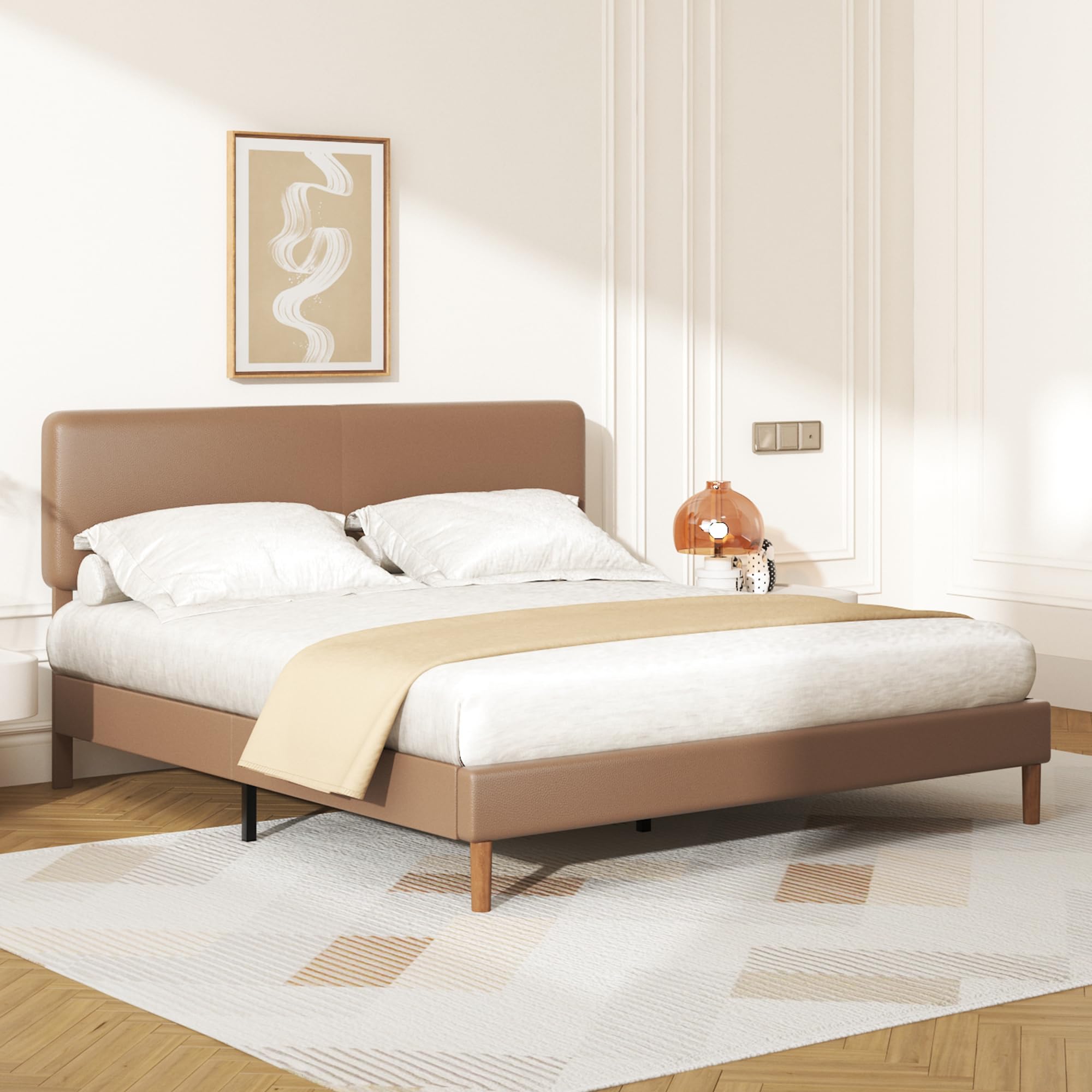 Mxhtcewz King Bed Frame with Adjustable Headboard, Faux Leather Upholstered Platform Bed Frame, No Box Spring Needed, Noise-Free, Easy Assembly, Brown