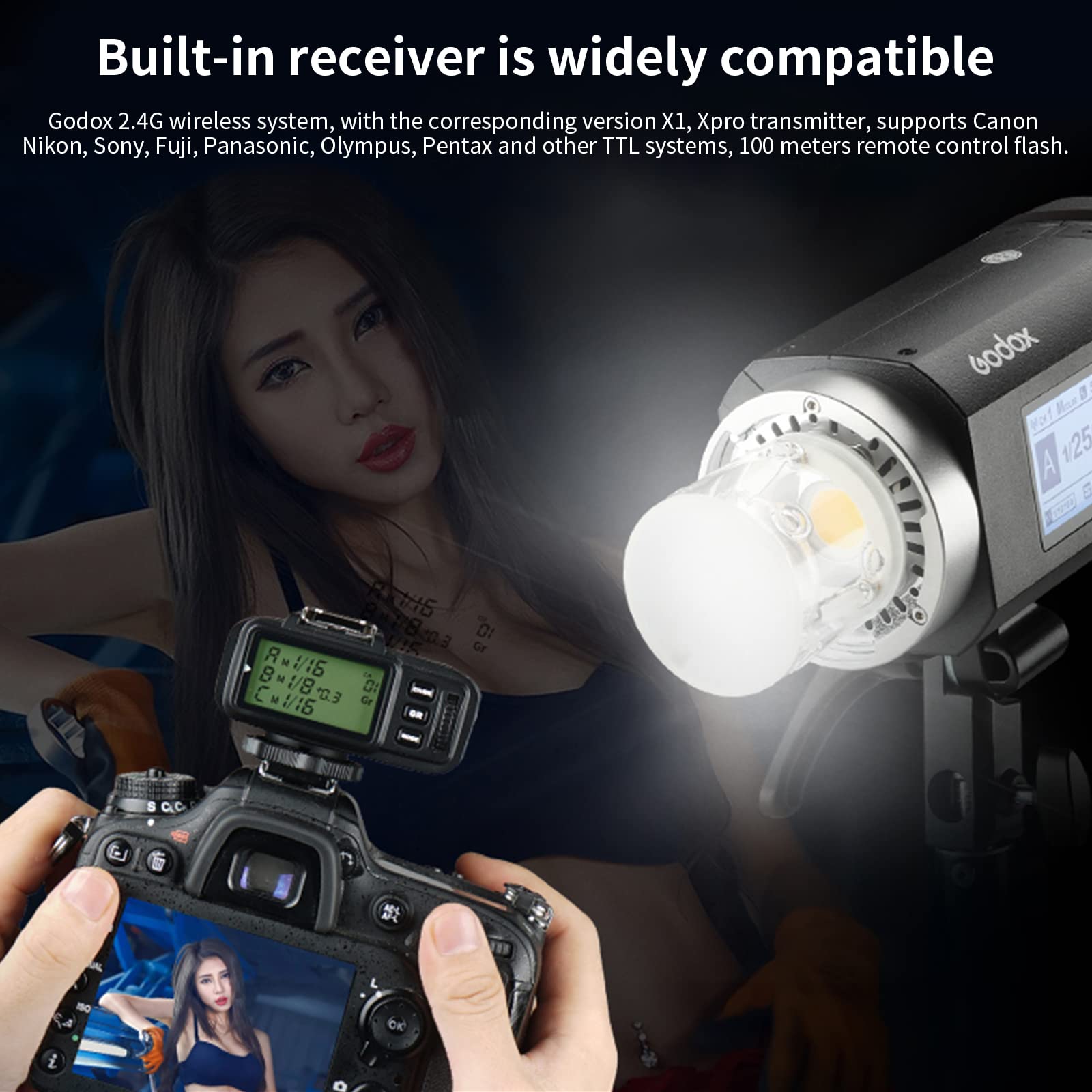 Godox AD400Pro 400Ws Studio Outdoor Strobe Flash Kit, TTL 1/8000s HSS 2.4G GN72 Monolight Light, Lithium Battery with AD-S65S 26"/65cm Godox Mount Grid Softbox, Barn door, Umbrella, Standard Reflector