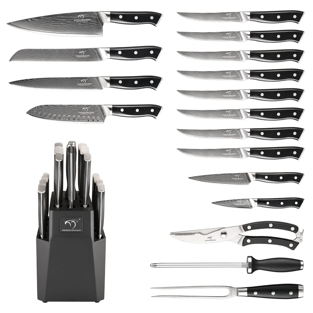 NANFANG BROTHERS 18-Piece Damascus Kitchen Knife Sets, 67-layer Japanese Damascus Steel Heat-Treated and Forged, ABS Ergonomic Handle, Ultra Sharp Chef Knife Block Set with Sharpener