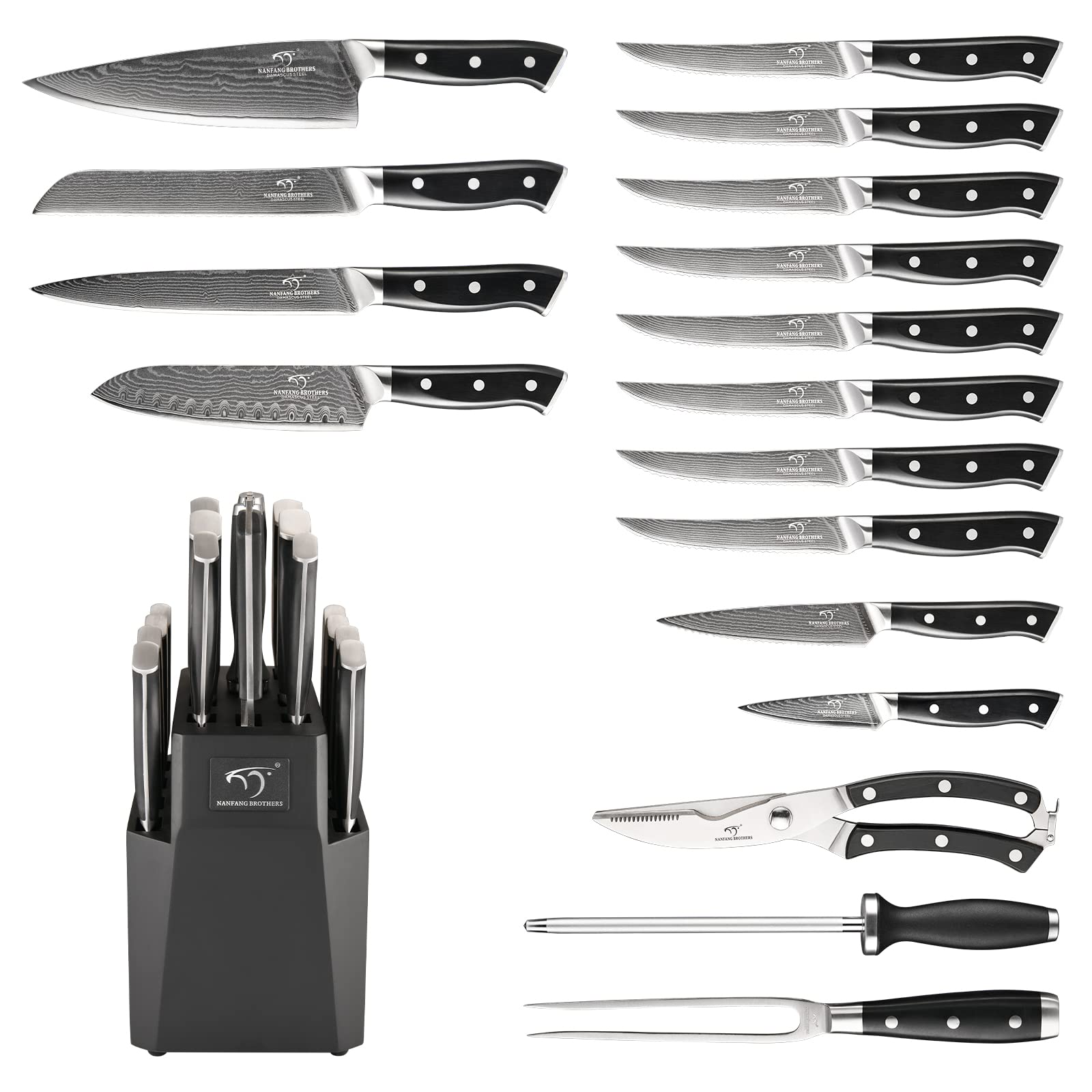NANFANG BROTHERS 18-Piece Damascus Kitchen Knife Sets, 67-layer Japanese Damascus Steel Heat-Treated and Forged, ABS Ergonomic Handle, Ultra Sharp Chef Knife Block Set with Sharpener