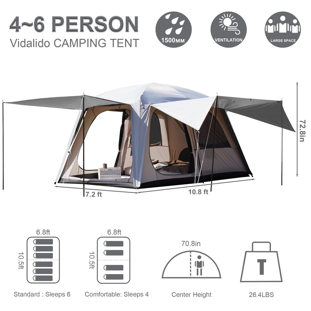 Vidalido 4-6 Person Camping Tent with 3 Door 2 Room Large Family Cabin Tents, Double Layer Waterproof Portable Glamping Tent, Big Tents for Outdoor Camping Hiking and Backpacking