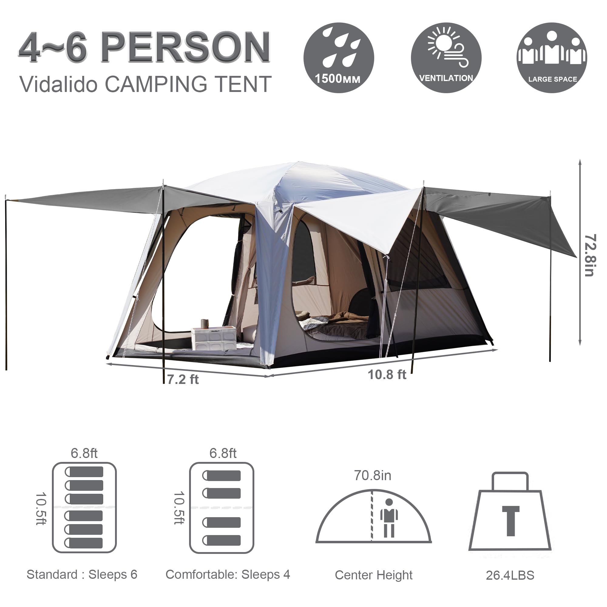 Vidalido 4-6 Person Camping Tent with 3 Door 2 Room Large Family Cabin Tents, Double Layer Waterproof Portable Glamping Tent, Big Tents for Outdoor Camping Hiking and Backpacking