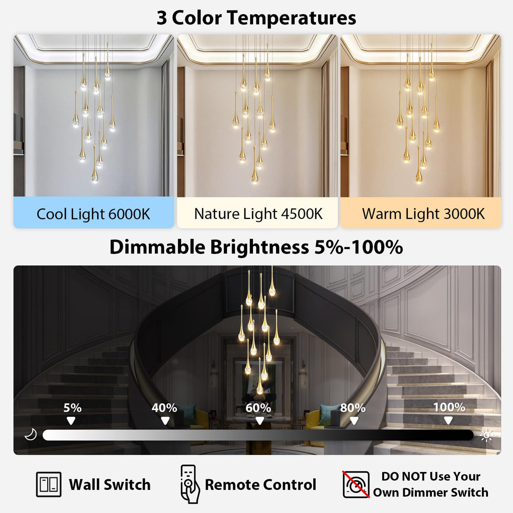 Raindrop Crystal Chandelier High Ceiling: 12 Lights Remote Dimmable LED - Large Long Modern Bubble Hanging Pendant Light Fixture Teardrop Spiral Chandeliers for Living Room Staircase Entryway Foyer