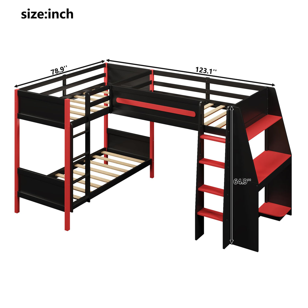 Merax L-Shaped Twin Size Triple Bunk Bed for 3 People, Wood Gaming Loft Bed with Built-in Desk, Shelves, Lights and Full-Length Guardrails, Black+Red