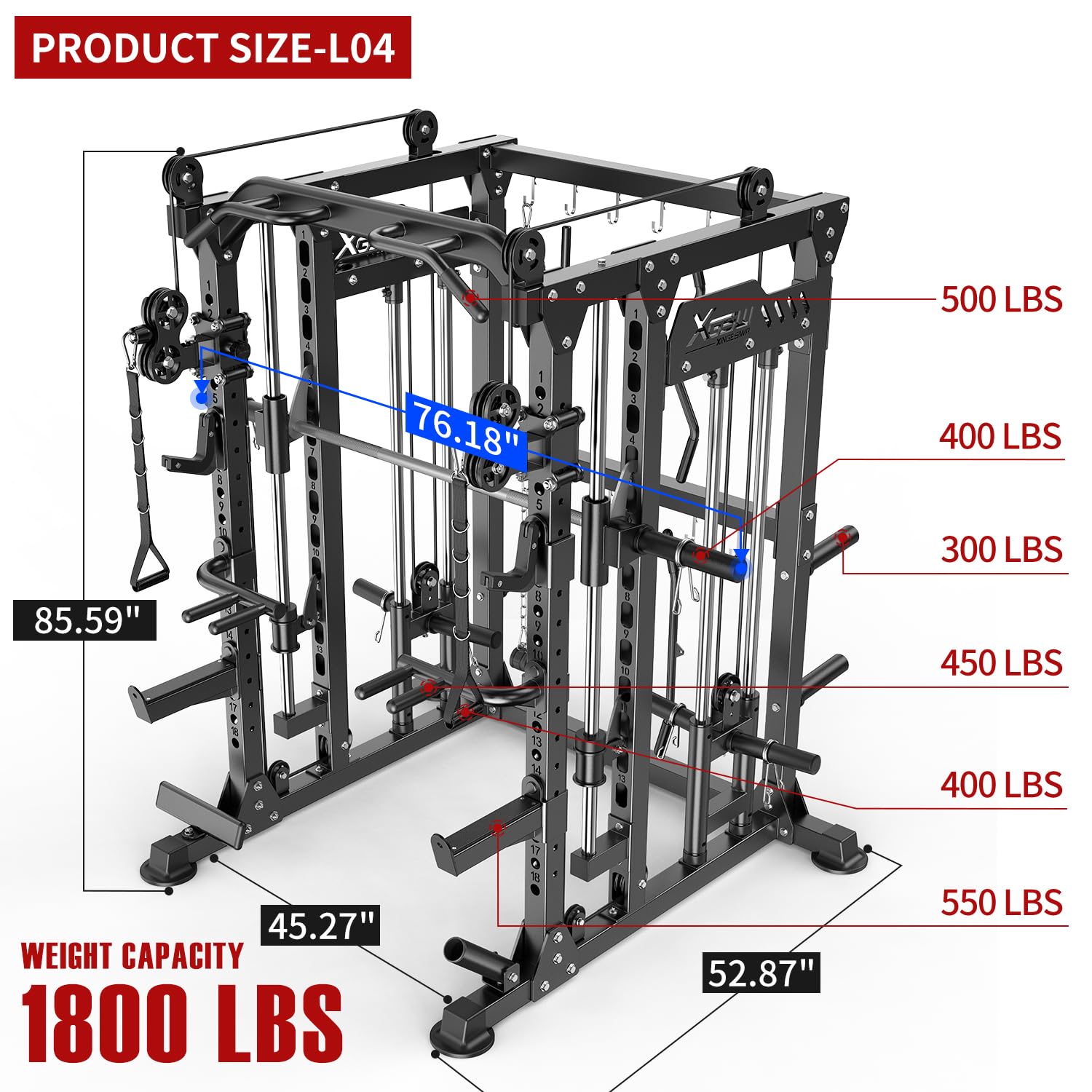 XGSW XINGESIWR Multi-Purpose Squat Rack,Smith Machine Weight Rack Set with Cable Crossover System, Home Gym Power Racks, Power Racks and Packages (L04, Power cage Black+Bench+Cast lron 184LBS)