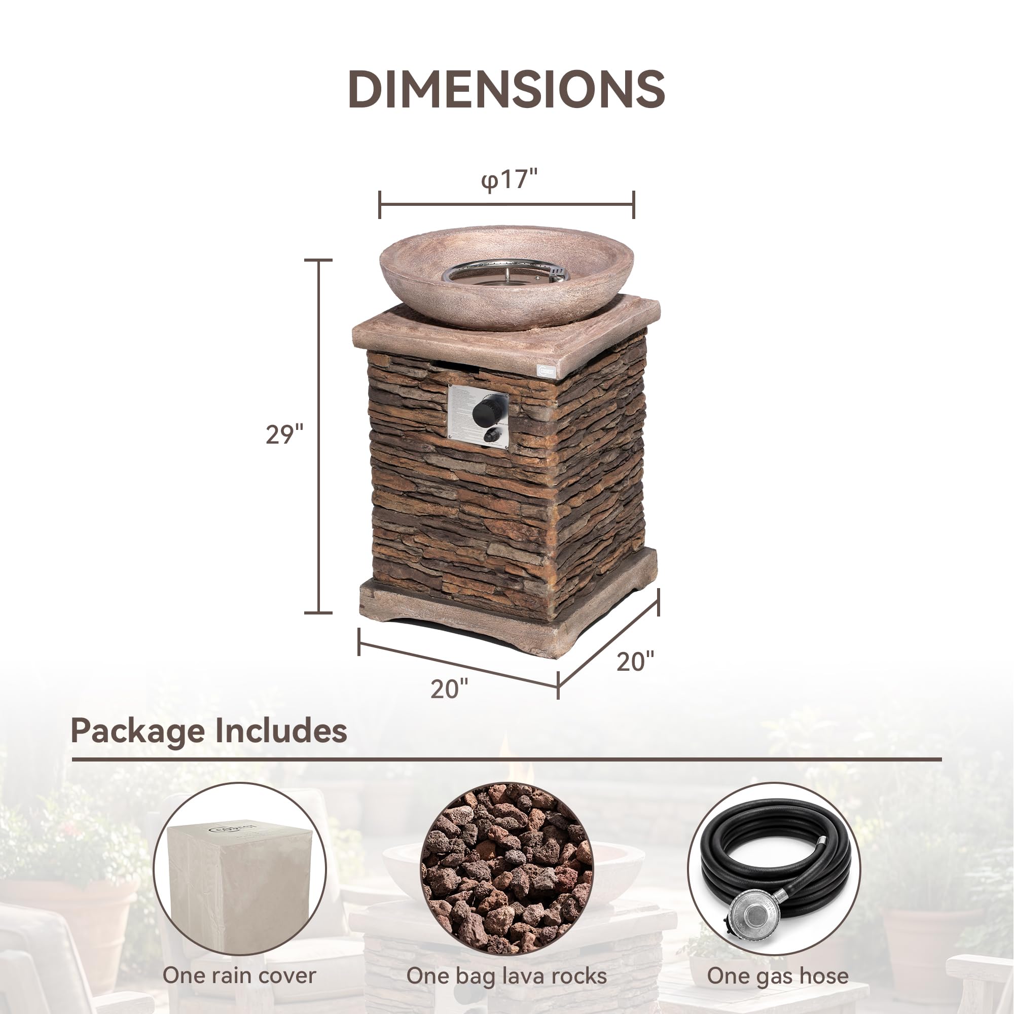 COSIEST Outdoor Propane Fire Pit Table w Faux Brown Compact Ledge Stone 20" Square Base and Faux Rose-Marble Round Bowl, Certified, 40,000 BTU, Free Lava Rocks, Fits 20lb Tank Inside, Raincover