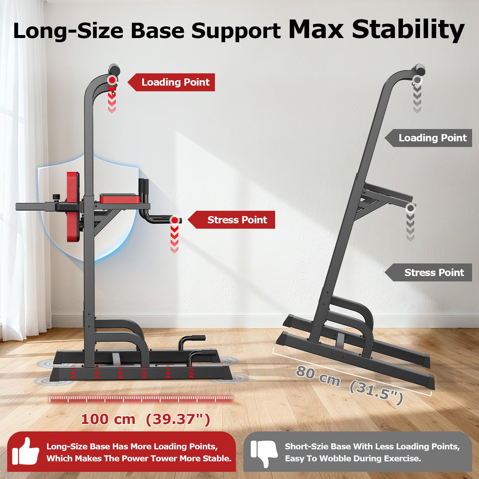 Power Tower Dip Station Pull Up Bar for Fitness Home Gym Workout,Multi-Function Adjustable Height Fitness Strength Training Exercise Equipment,with Power Elastic Ropes,Black Red-02