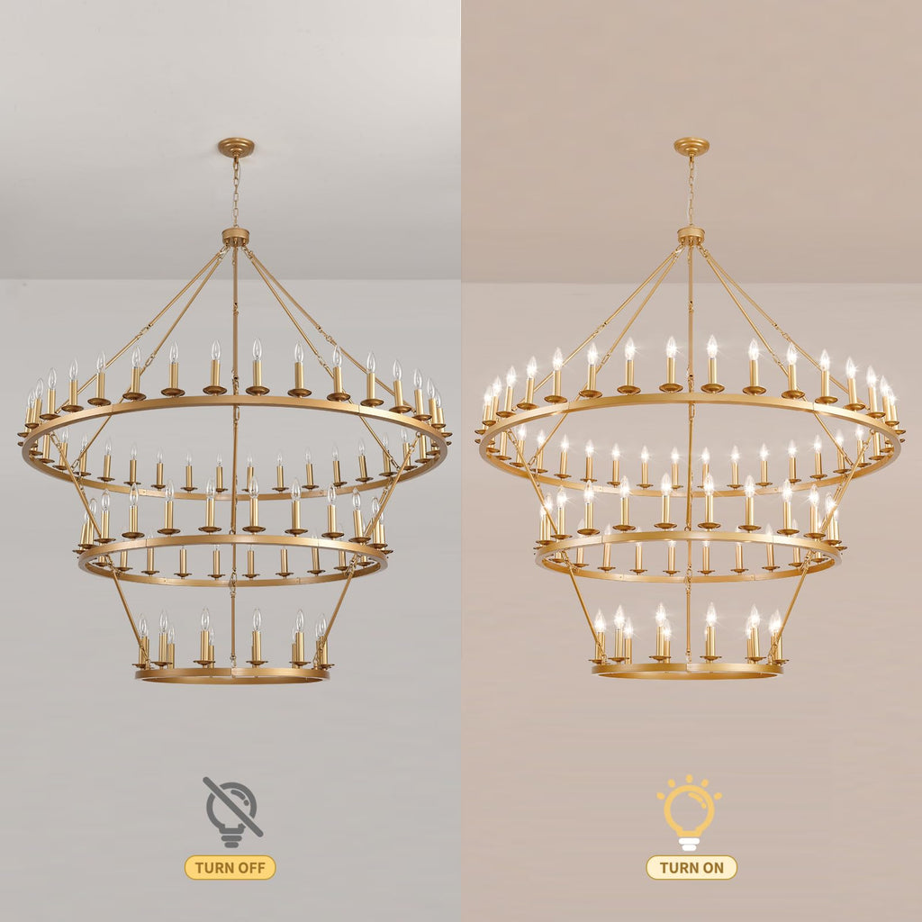 QJMPP 3 Tier Gold Wagon Wheel Chandelier,Extra Large 60-Inch 72-Light Circle Light Fixture,Round Chandeliers for Foyer Entryway Dining Room Living Room High Ceilings