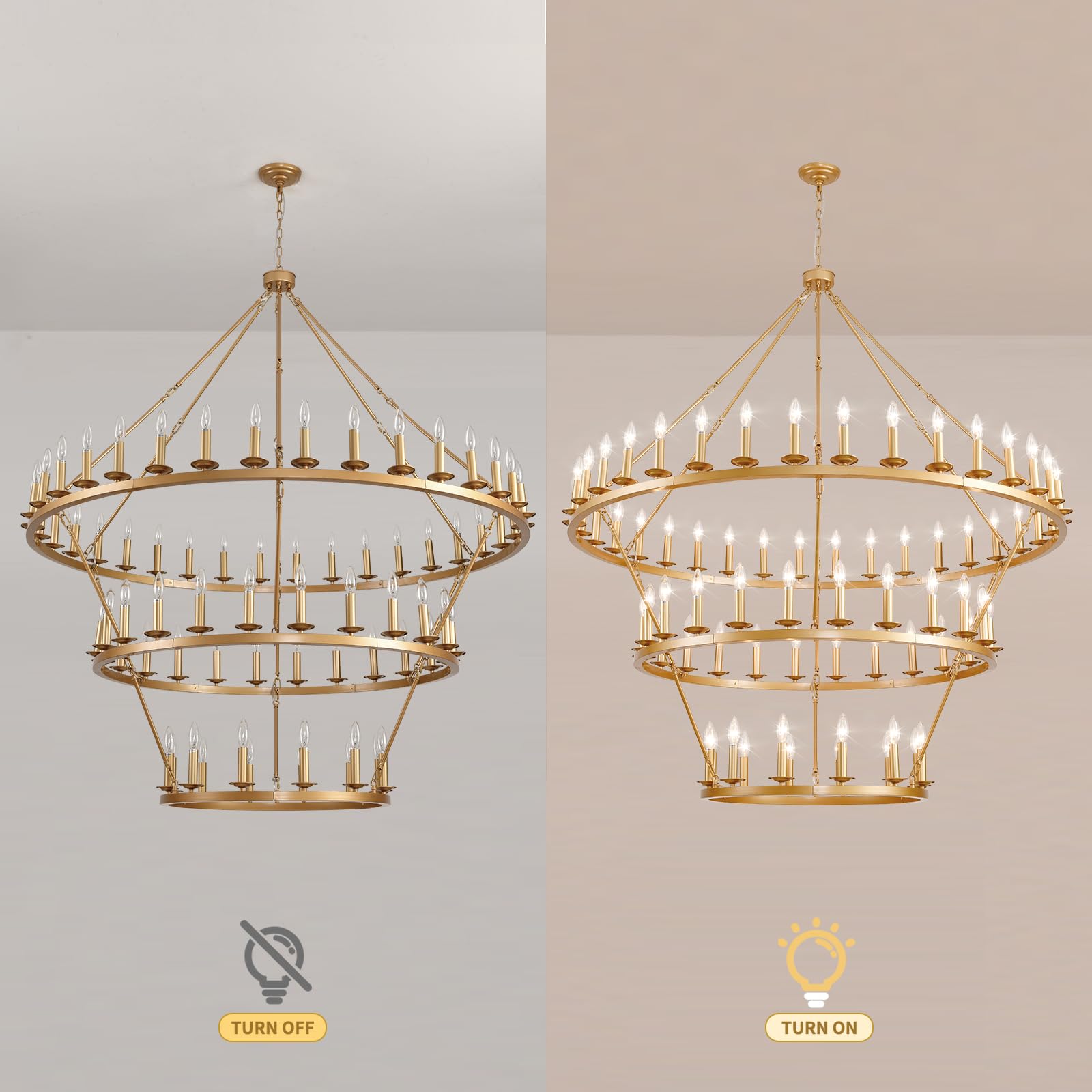 QJMPP 3 Tier Gold Wagon Wheel Chandelier,Extra Large 60-Inch 72-Light Circle Light Fixture,Round Chandeliers for Foyer Entryway Dining Room Living Room High Ceilings