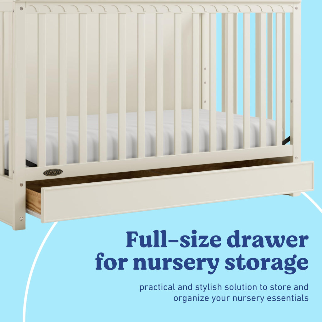Graco Sasha 5-in-1 Convertible Crib with Drawer – GREENGUARD Gold Certified Wood Crib, Converts to Toddler Bed, Daybed, Full-Size Bed, Stylish Classic Design (Frosted Oat)