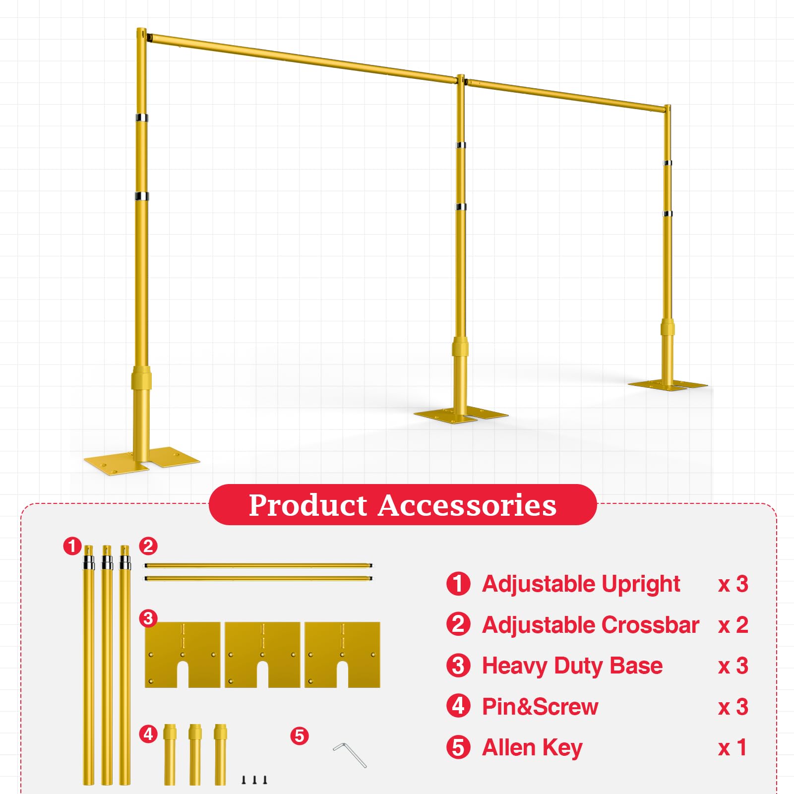 EMART Backdrop Stand Heavy Duty 8.9ftx20ft, Adjustable Pipe and Drape Photo Background Support Kit, Metal Frame with Flat Base for Wedding Birthday Party Banquet Decorations-Gold