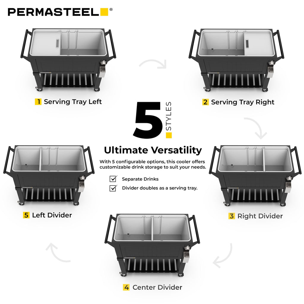 Permasteel Party Cooler with Divider, Spacious 80-Qt Capacity, Chills 36hrs, Serving Tray, Rolling Ice Chest for Indoor and Outdoor Entertainment, Matte Black