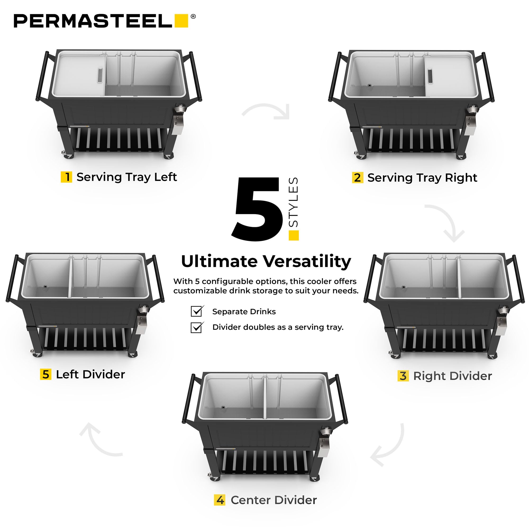 Permasteel Party Cooler with Divider, Spacious 80-Qt Capacity, Chills 36hrs, Serving Tray, Rolling Ice Chest for Indoor and Outdoor Entertainment, Matte Black