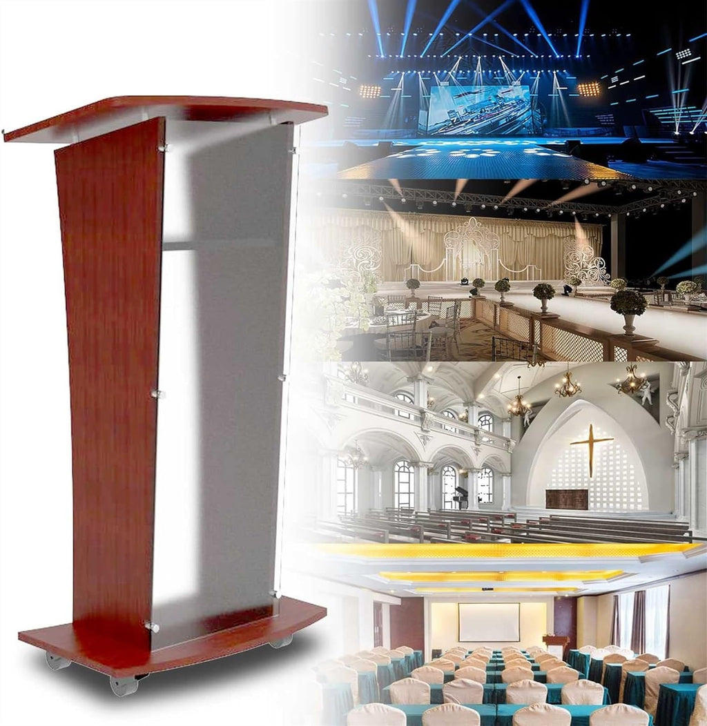 DHXIAMZ Acrylic Lectern Podium Stand with Casters Shelves and Cu ed Frosted Front Panel 48" Tall Wood Podium for Church Floor