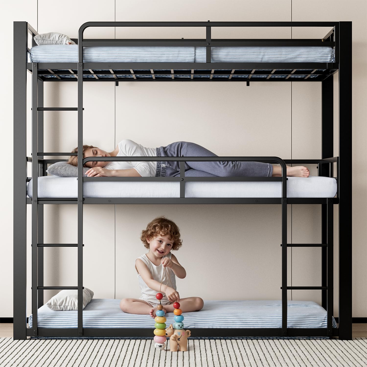 Mixcous Metal Triple Bunk Bed, Twin Over Twin Over Twin Heavy Duty Bunkbeds, Full-Length Guardrail Family-Friendly for All Ages, Bedroom, No Box Spring Needed, Easy Assembly, Black