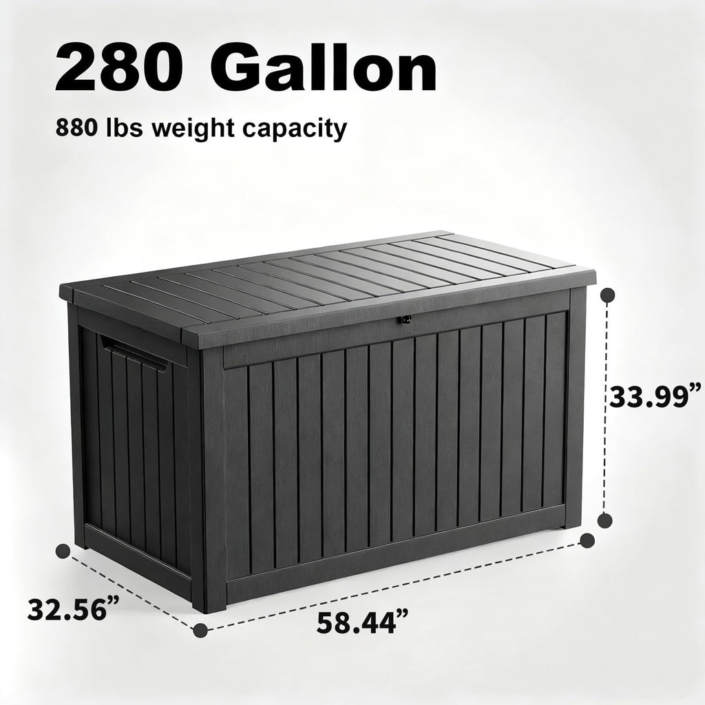 KFY 280 Gallon Large Outdoor Storage Box Waterproof, UV Resistant Resin Deck Box with Hydraulic Rod & Lockable Latch for Patio Furniture, Outside Storage Box for Garden Tools, Patio Cushions, Black
