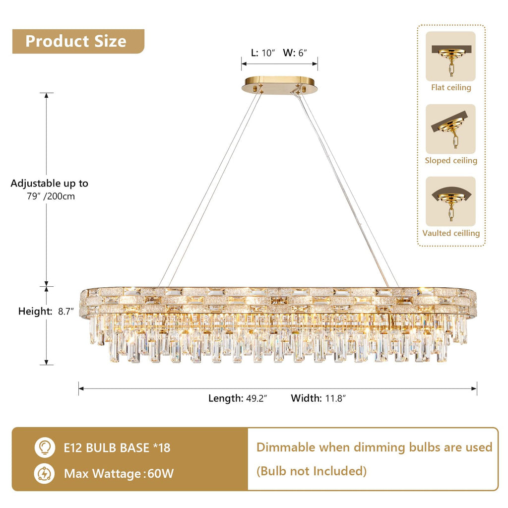 SHAOCHIAO 50" Gold Modern Crystal Chandelier, 18-Light Gold Chandelier Light Fixture Luxury Rectangular Large Pendant Ceiling Light Fixture for Dining Living Room Kitchen Island Bar