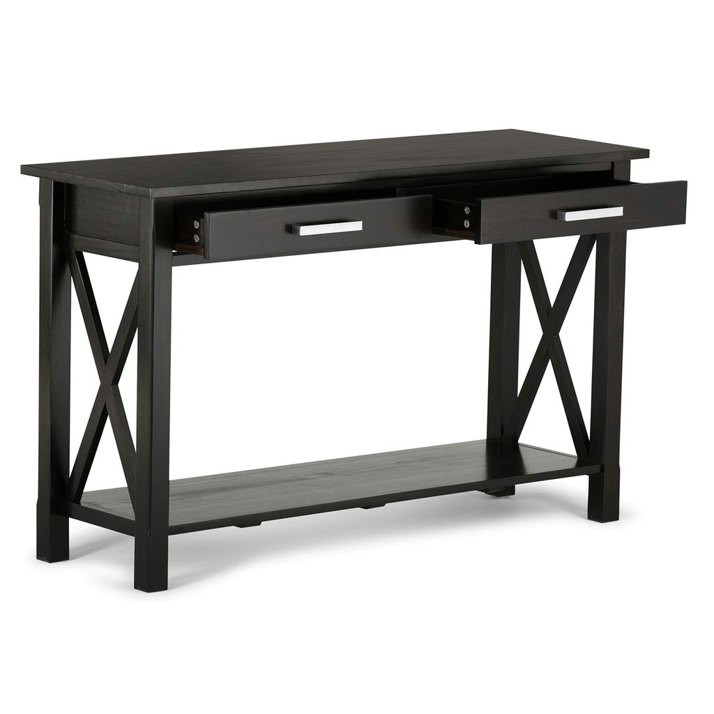 SIMPLIHOME Kitchener Console Table - 47 Inch Wide Solid Wood Sofa Table in Hickory Brown, Contemporary Storage Table for Entryway or Living Room with 2 Drawers, Bottom Shelf, and X-Design Side Panels