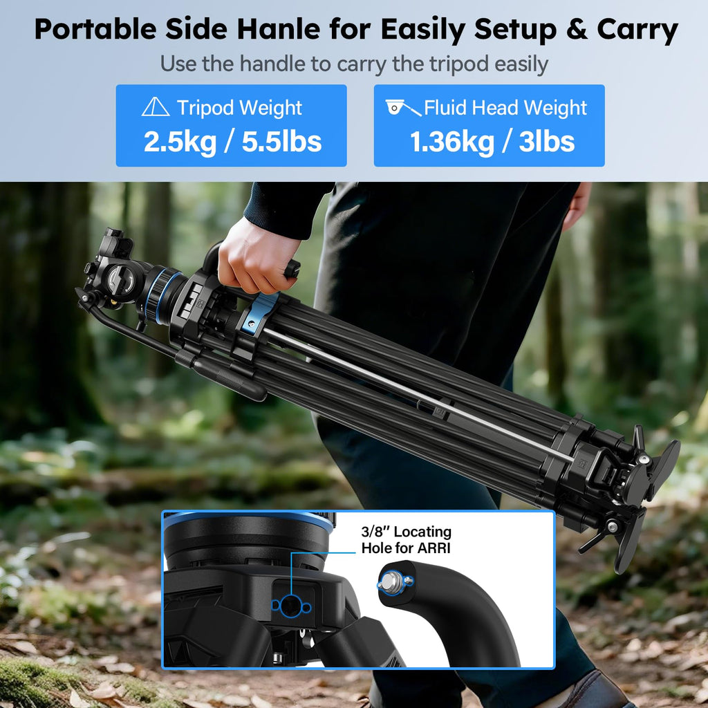 SIRUI Professional Video Tripod, Carbon Fiber Fluid Head, 5kg/11lbs, Stepless +90°/-70° Tilt & 360° Pan, One-Step Height Adjustment, QR Plate for DJI RS Series, Max 70.9in for DSLR Camcorder(SQ75+S5X)