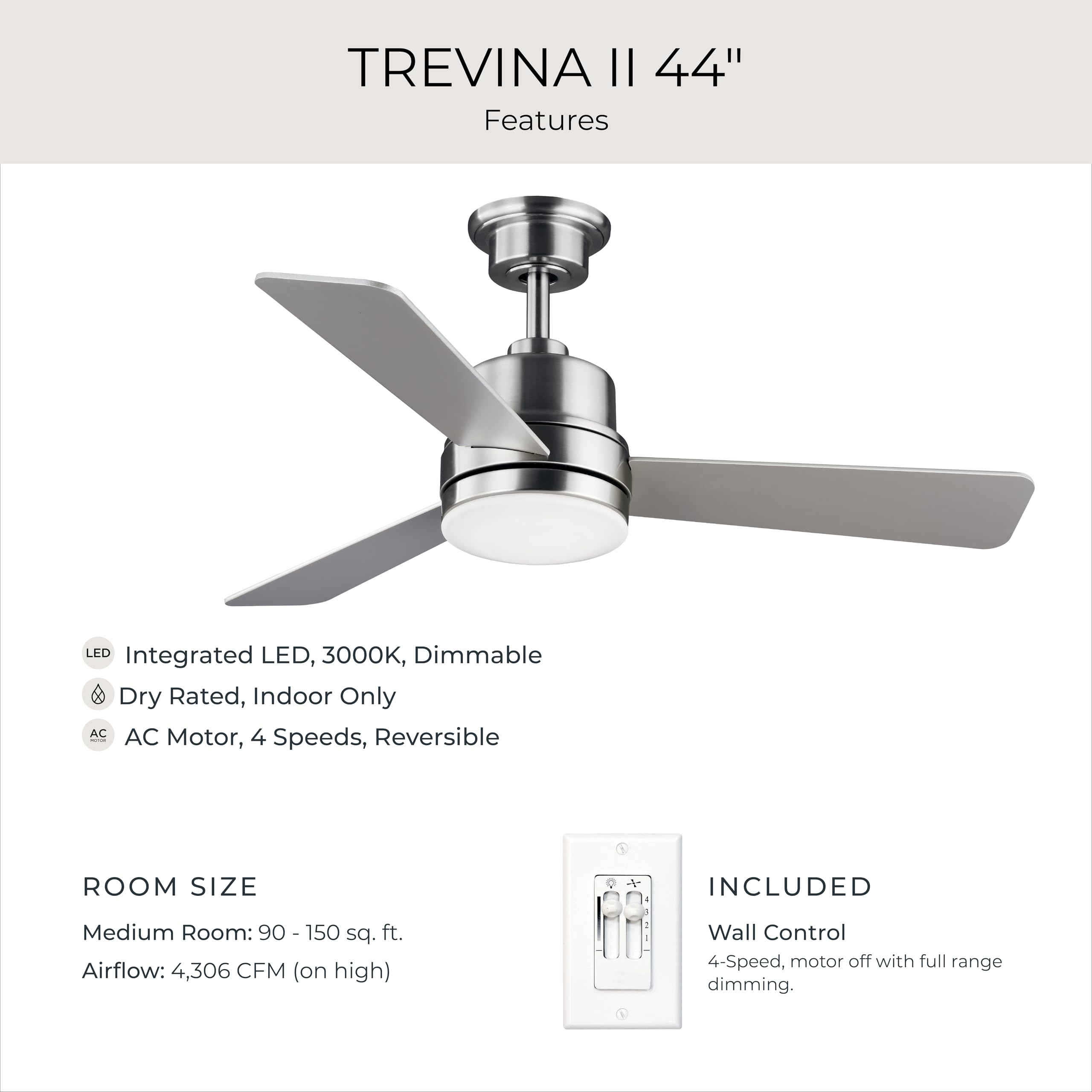 Progress Lighting Trevina II Collection 44" Three-Blade Brushed Nickel Ceiling Fan