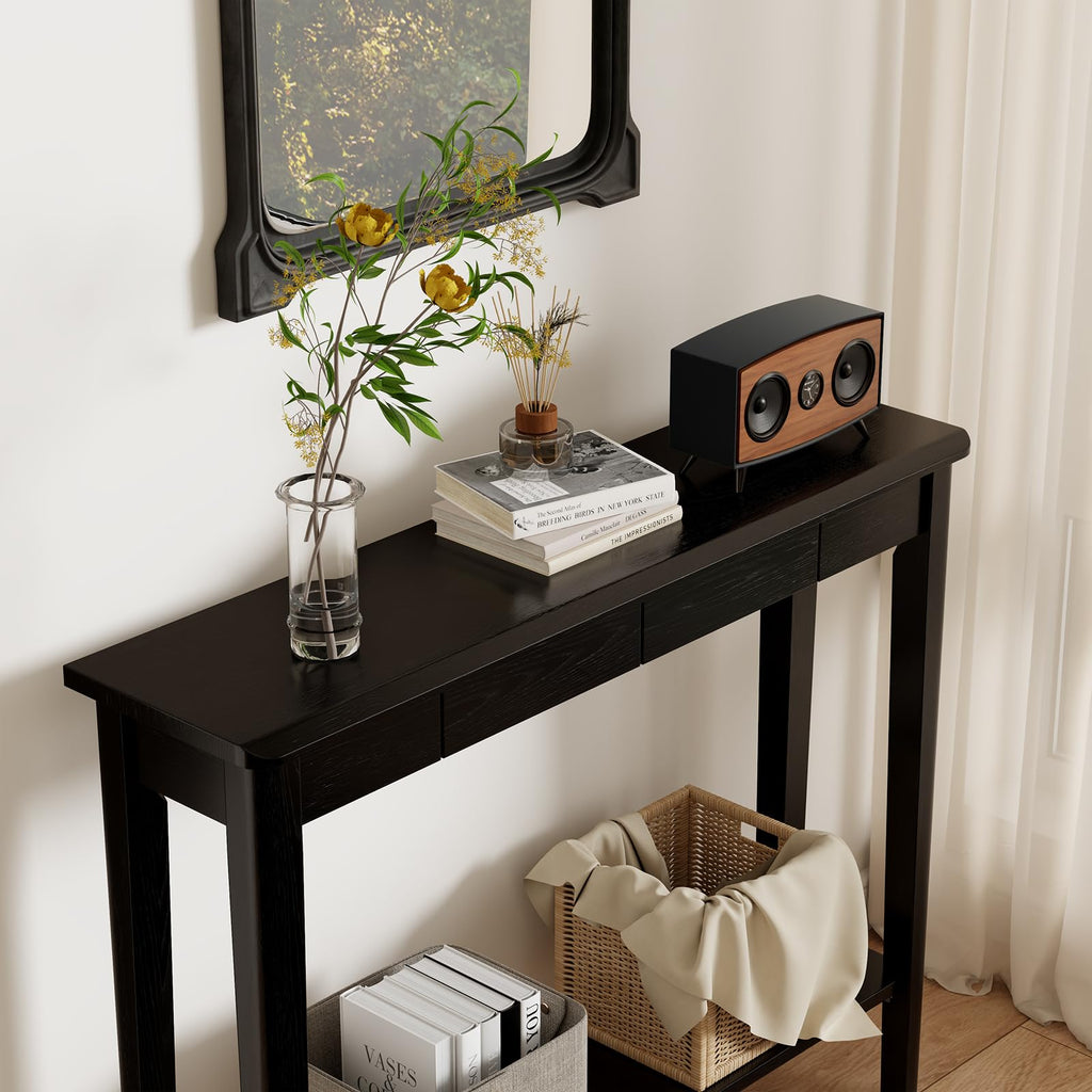 AQIMUELE Wood Console Table with Drawers, Mid Century Modern Console Table Black for Entryway, Living Room, Hall Way.