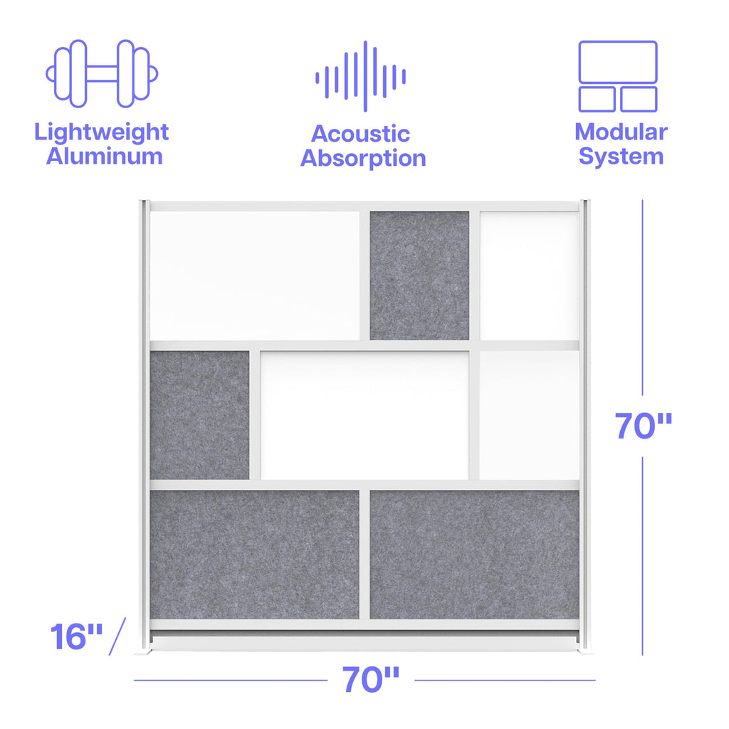 Room Divider for Office Privacy – Modular Freestanding Partition with Whiteboard, PET Acoustic Panel, and Frosted Acrylic, Workflow Multi-Functional Wall, Gray Frame, Easy Assembly (70” x 70”)