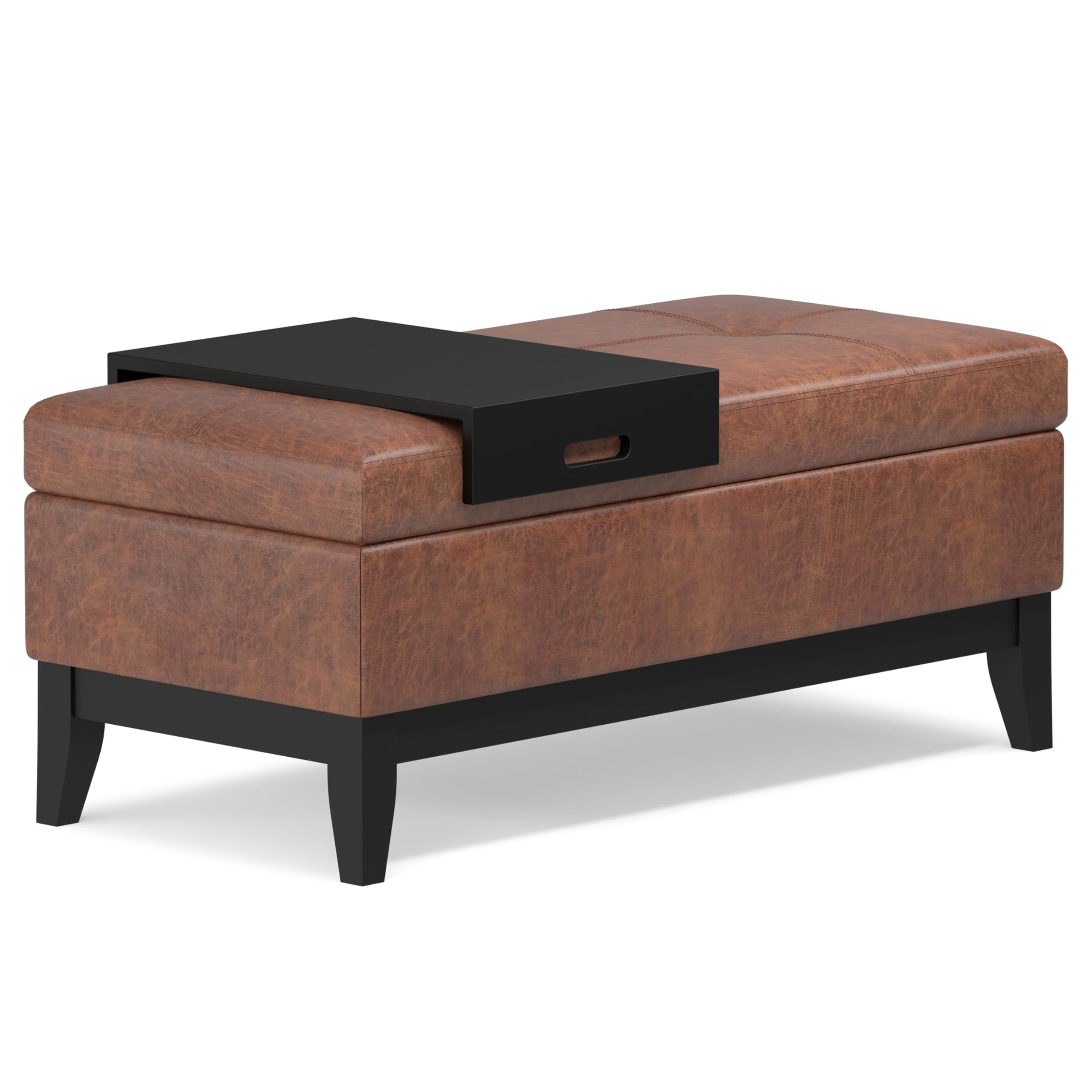 SIMPLIHOME Oregon Storage Ottoman Bench with Tray - 42 inch Wide Vegan Leather Rectangle Storage Ottoman Bench in Distressed Saddle Brown, Transitional Tufted Ottoman for Living Room with Lift-Up Lid