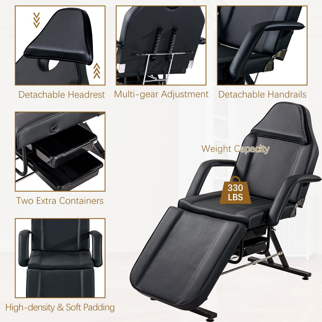 Massage Salon Tattoo Chair with Two Trays Esthetician Bed with Hydraulic Stool,Multi-Purpose 3-Section Facial Bed Table, Adjustable Beauty Barber Spa Beauty Equipment, Black