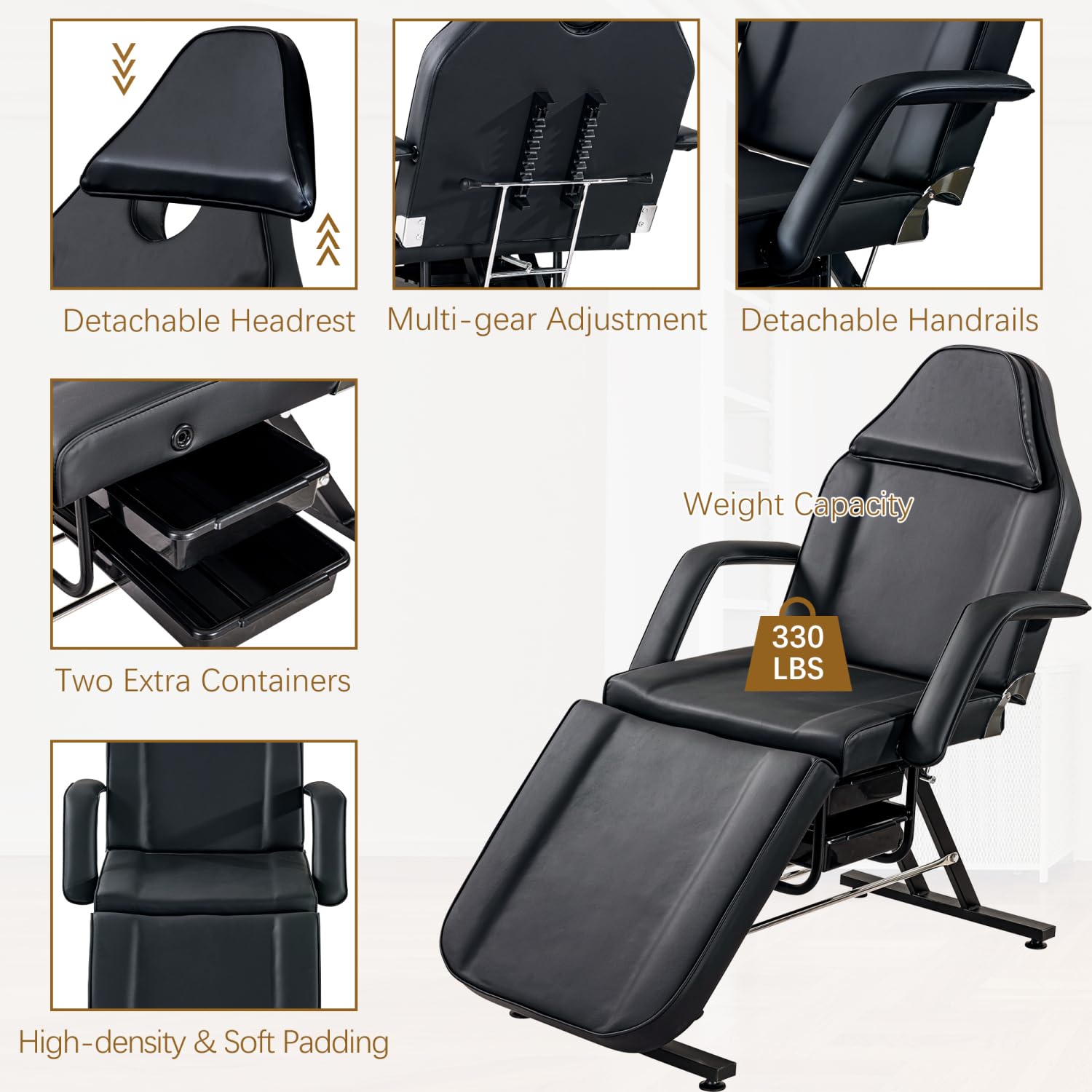 Massage Salon Tattoo Chair with Two Trays Esthetician Bed with Hydraulic Stool,Multi-Purpose 3-Section Facial Bed Table, Adjustable Beauty Barber Spa Beauty Equipment, Black