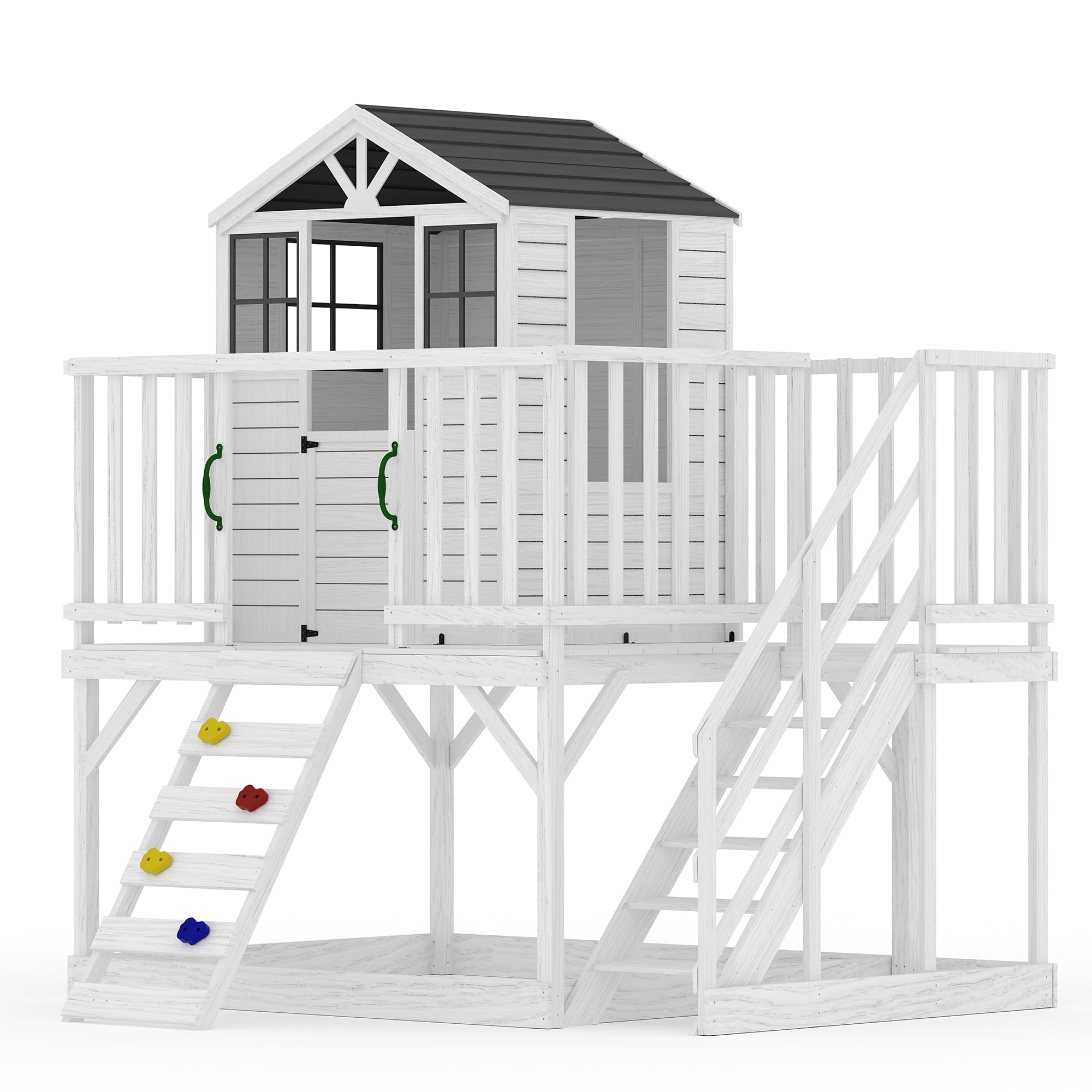 2 Story Wooden Playhouse with Climbing Wall, Outdoor Wooden Playhouse with Step Ladder, Elevated Modern Cedar Playhouses Kids
