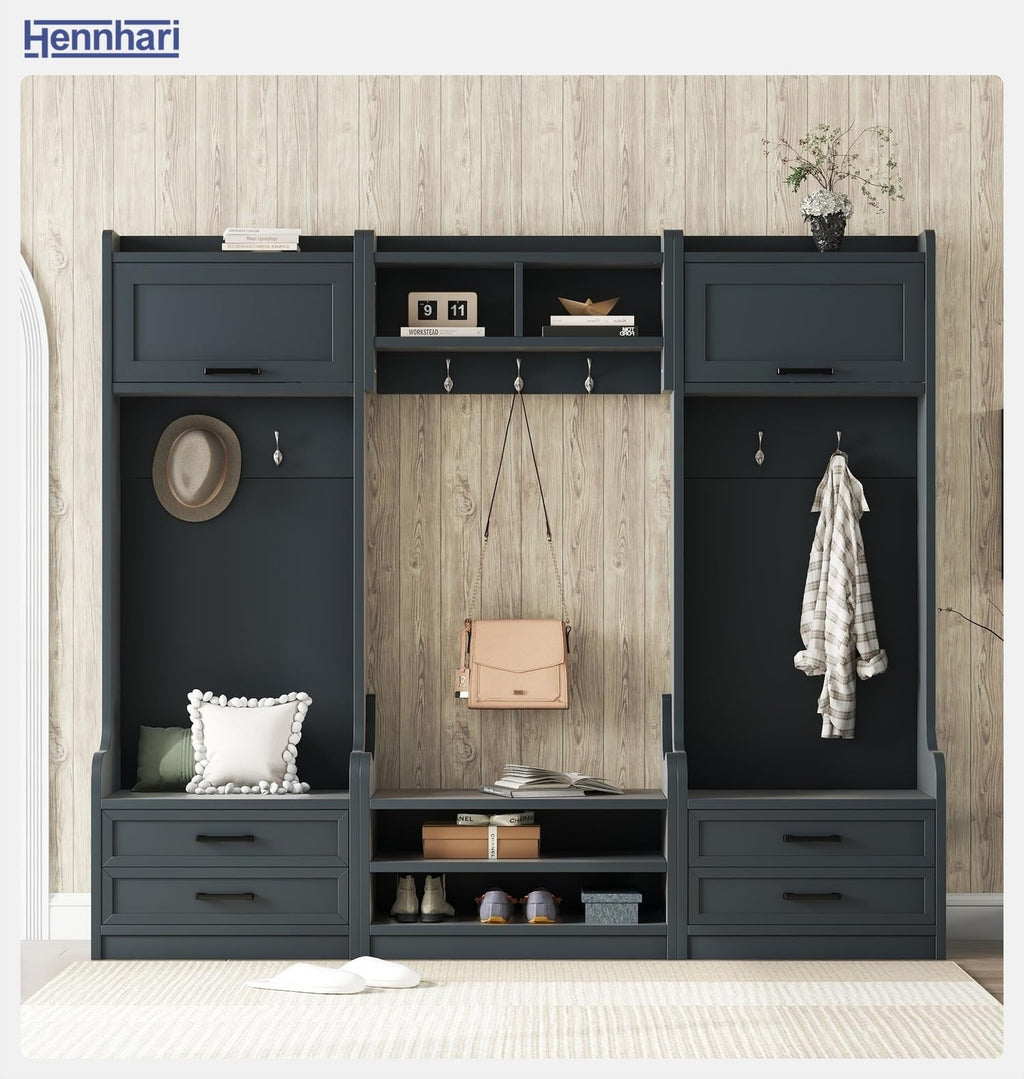 Hennhari 4-in-1 Detachable Entryway Hall Tree with Shoe Storage Bench, Mudroom Coat Rack with Drawers, Open Shelves and Hooks, Entryway Storage Cabinet for Hallway, Foyer (Antique Blue)