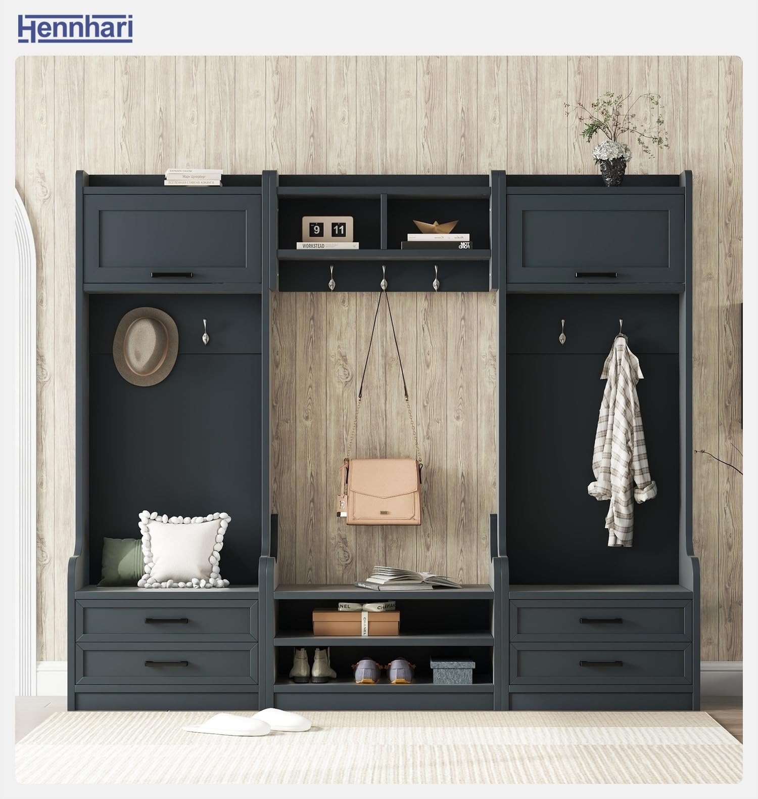 Hennhari 4-in-1 Detachable Entryway Hall Tree with Shoe Storage Bench, Mudroom Coat Rack with Drawers, Open Shelves and Hooks, Entryway Storage Cabinet for Hallway, Foyer (Antique Blue)