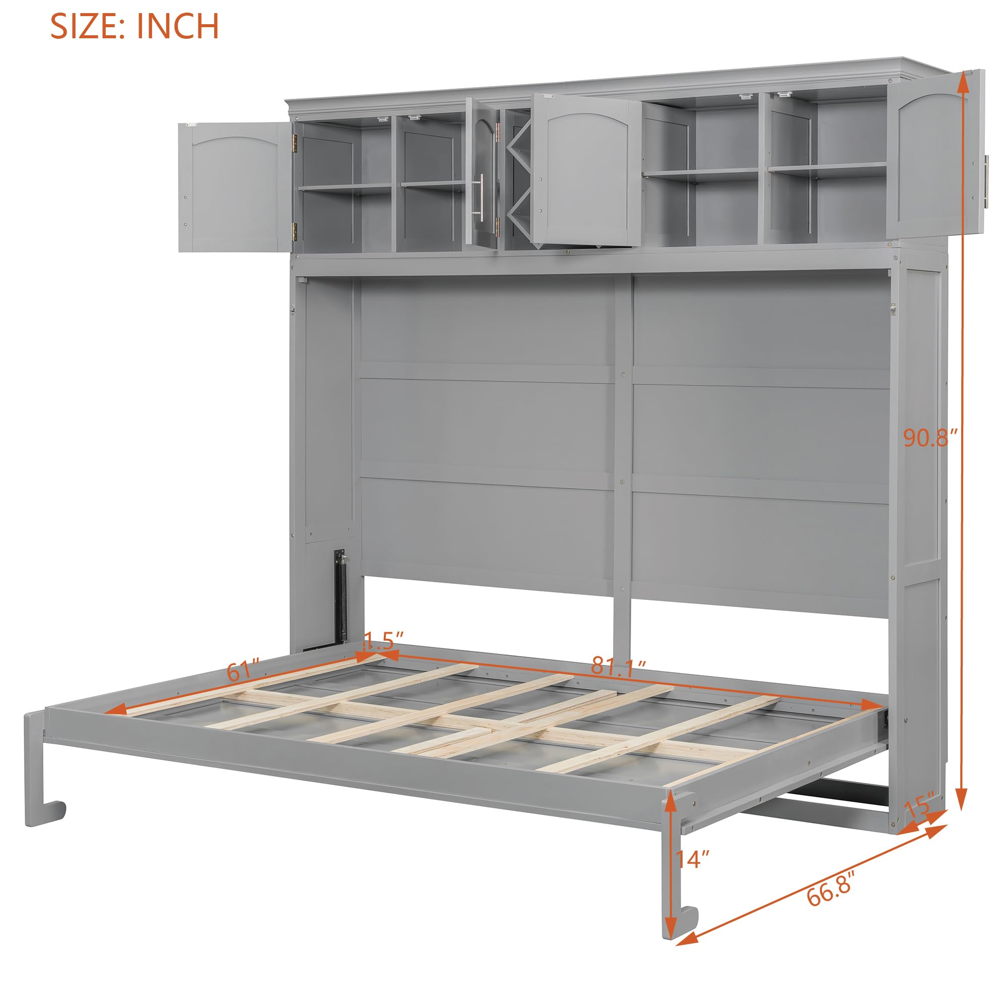 Murphy Bed Queen Size,Murphy Bed with Top Cabinets & Wine Rack,Space-Saving Hideaway Wall Foldable Bed w/Dual Piston Metal Folding Mechanism,Bedroom Folding Bedframe for Guest Room,Gray