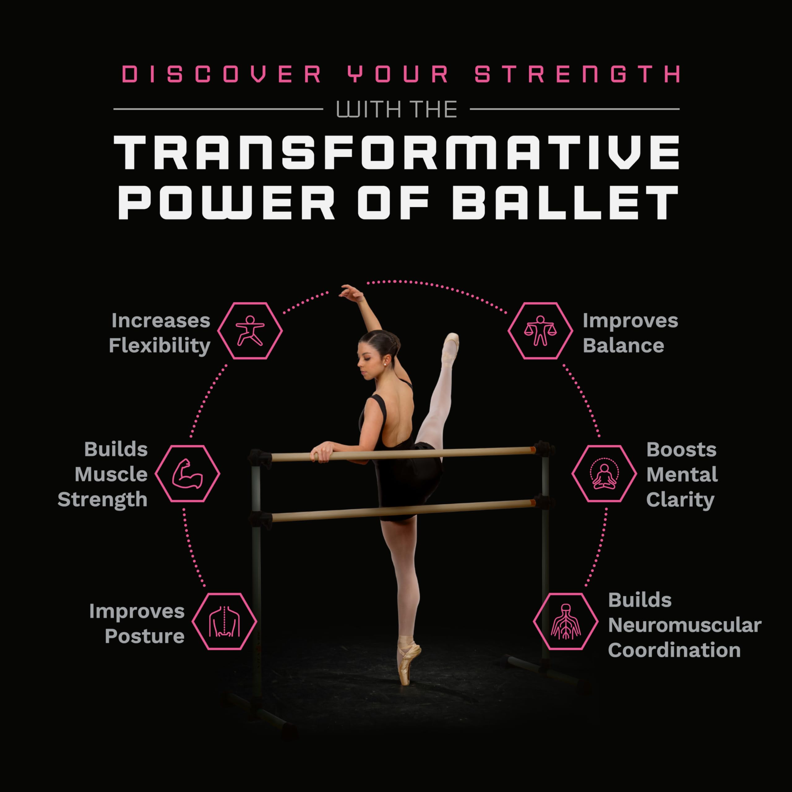 VITA Barre Portable Freestanding Double Ballet Barre, Prodigy, 5 Ft Bars, Black, with Bag | Adjustable Height, USA Made, Home or Gym Exercise Equipment for Kids & Adults | Dance, Fitness, Pilates