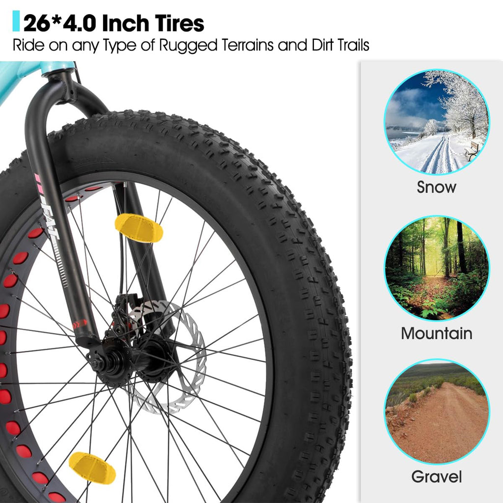 HH HILAND 26 Inch Kids' Bicycles Fat Tire Mountain Bike for Boys and Girls, 7-Speed, Dual-Disc Brake, Kids Beach and Snow Bicycle for Big Kid Green