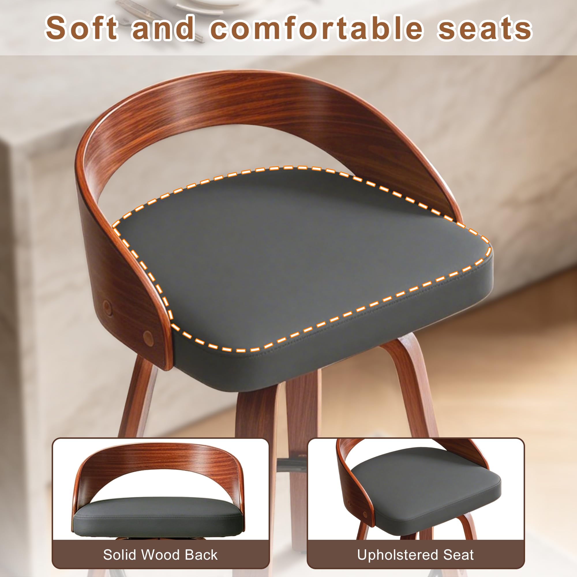 Phent zari Swivel Bar Stools, Mid Century Modern Bar Chairs Island Stools for Kitchen Counter, 25" Upholstered Faux Leather Counter Height Barstools with Walnut Back & Bentwood Legs (4, Grey)