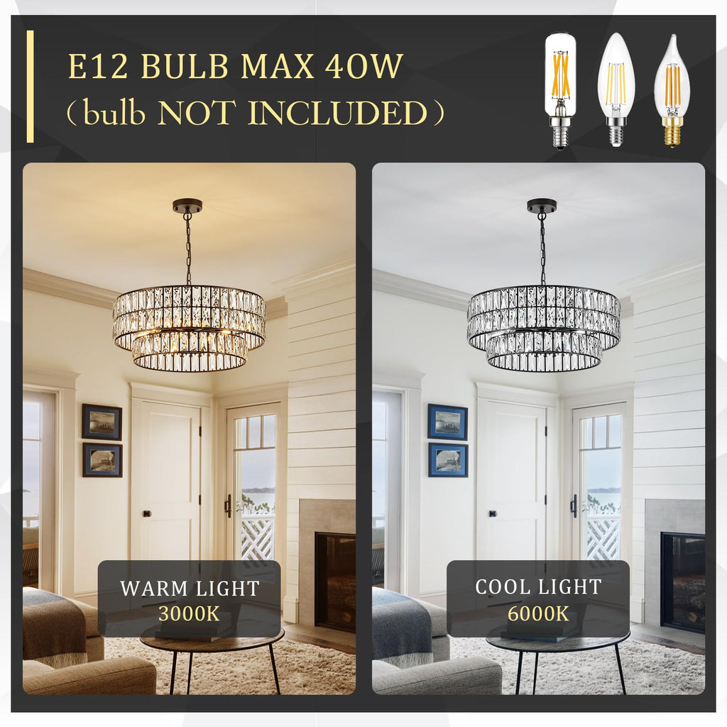CATINER 24'' Black Crystal Chandeliers Luxury 8-Lights Pendant Chandelier Drum Semi Flush Mount Ceiling Lights for Living Room Dining Room Foyer Bedroom Kitchen