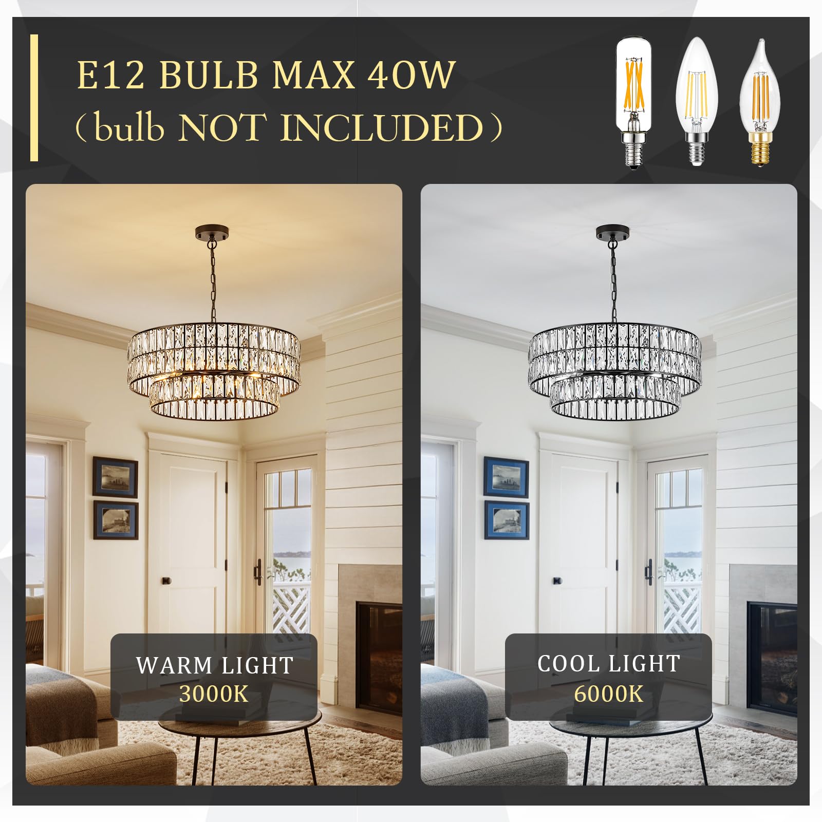CATINER 24'' Black Crystal Chandeliers Luxury 8-Lights Pendant Chandelier Drum Semi Flush Mount Ceiling Lights for Living Room Dining Room Foyer Bedroom Kitchen