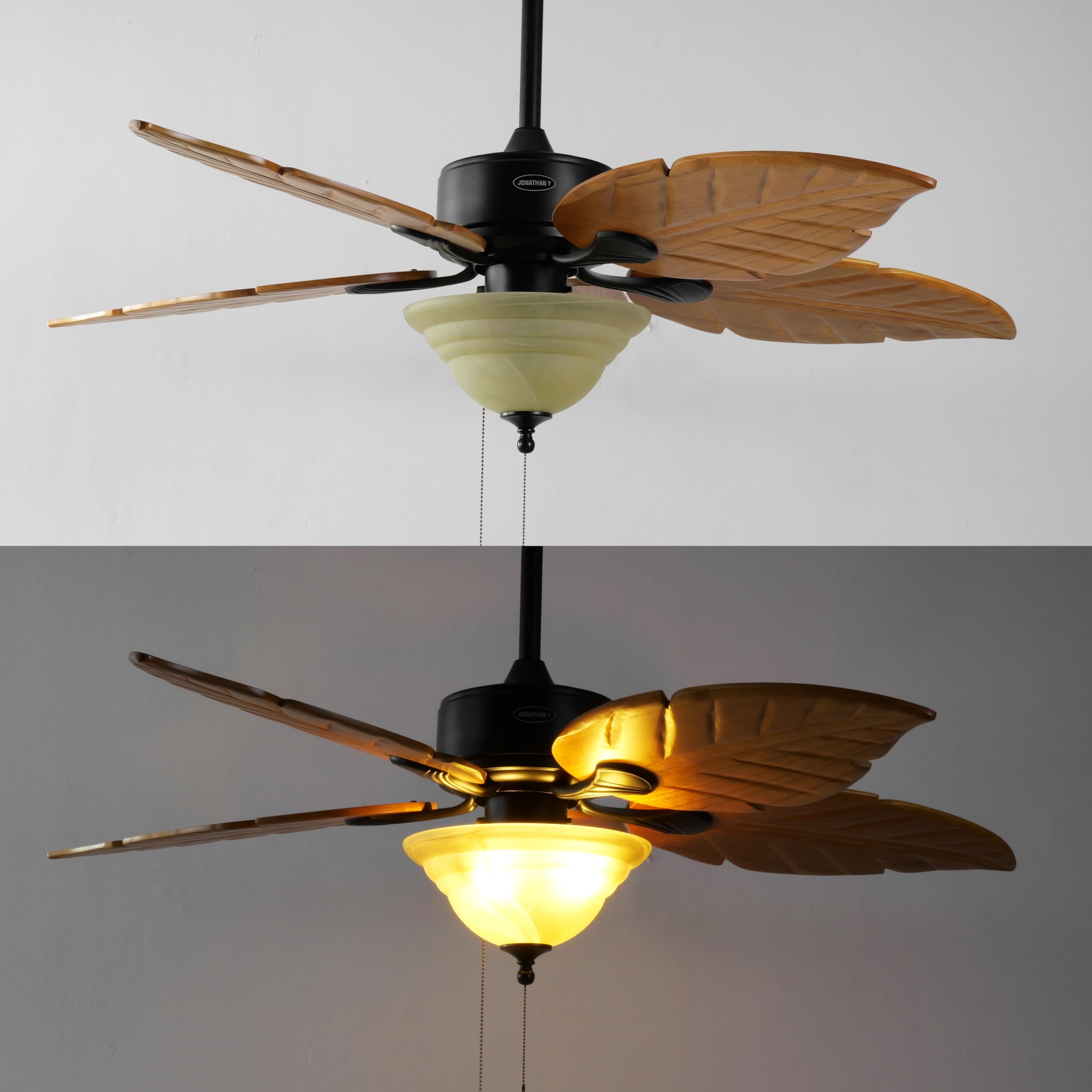 JONATHAN Y 52" Light Brown Coastal Bohemian Palm Leaf LED Ceiling Fan, 3-Light Rustic Wood Blades with Pull Chain for Living Room, Frosted Glass Shade, LED Bulbs Included (JYL9720C)
