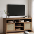 Boho TV Stand for TV up to 65 Inch,58"Modern Rattan Entertainment Center with Storage and Adjustable Shelves,Wooden Media TV Console Cabinet with Doors for Living Room/Bedroom/Apartment/Farmhouse(Oak)