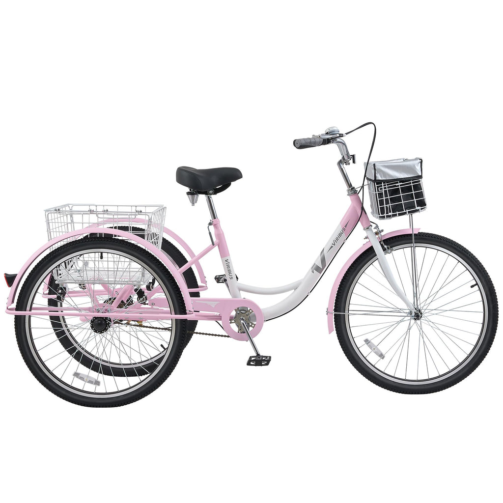 VIRIBUS Adult Tricycles for Women, Single Speed Tricycle for Adults with Front & Rear Detachable Wheeled Baskets, 3 Wheel Bikes for Adults Seniors 1 Speed, 400 lb. Capacity Three Wheeler, 26 in. Pink