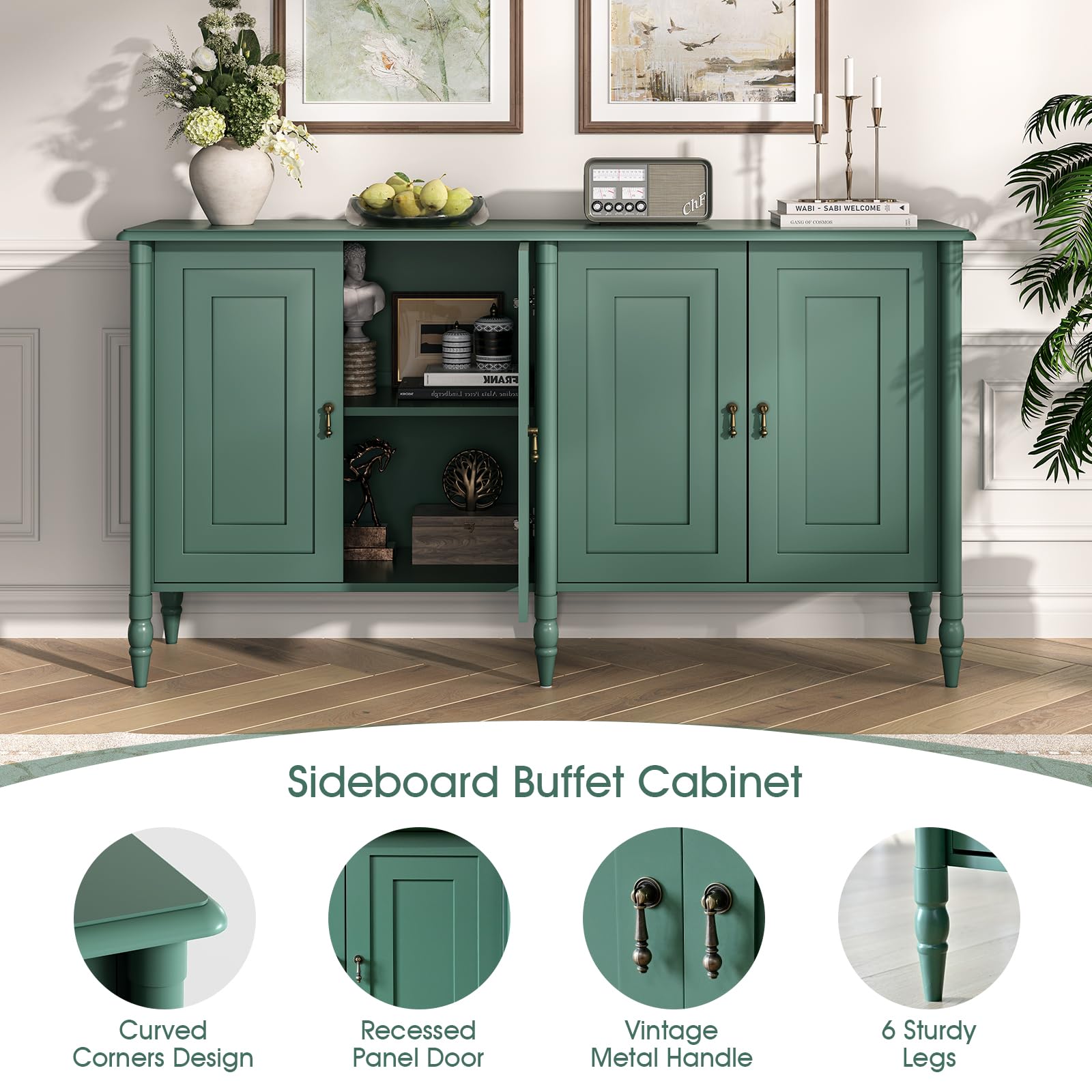 JOINICE 59" Sideboard Buffet Cabinet with Storage,Vintage Credenza with Adjustable Shelves & Solid Wood Legs,Accent Cabinet for Living Room,Dining Room,Kitchen,Bar,Entryway,Hallway,TV Console,Green
