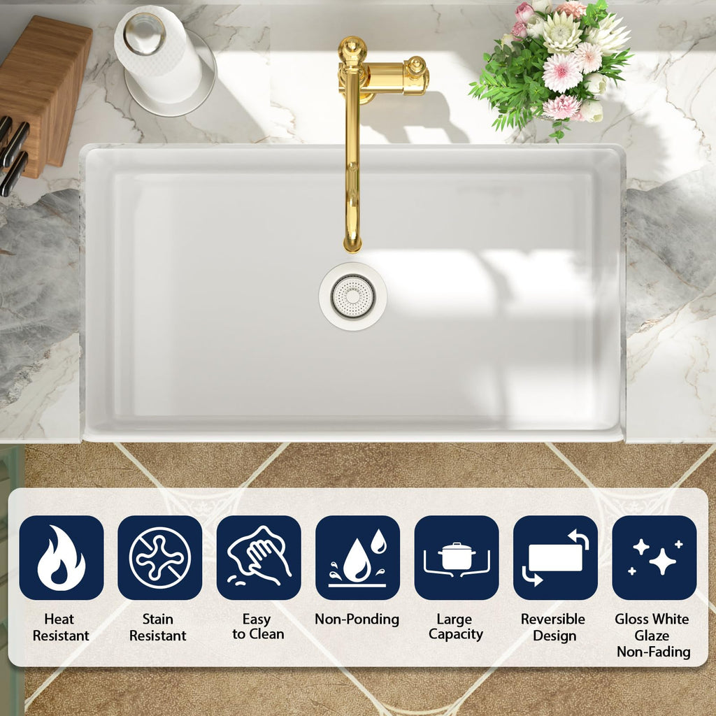 Logmey 33 In White Fireclay Farmhouse Sink with Pop-up Drain & Reversible Design 33x18x10 Durable Ceramic Apron Front Sinks,Easy to Clean,Scratch & Heat Resistant,Ideal for Traditional & Country Style
