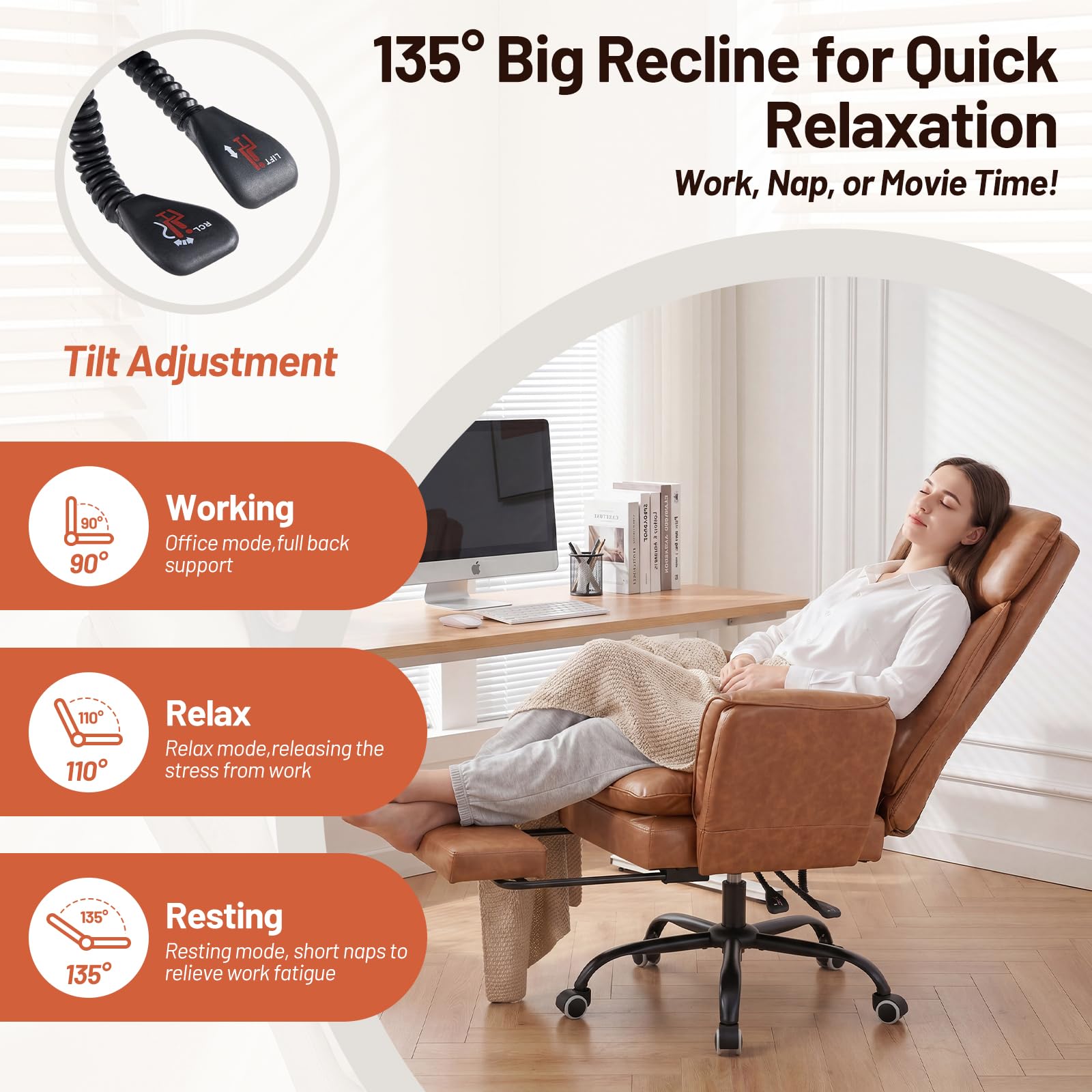 Furniliving Big and Tall Office Chair, Ergonomic Computer Desk Chair with Footrest, Wide Seat Reclining Gaming Chair, Flip Armrests for Cross Legged Sitting, Heavy Duty Support up to 400LBS, PU, Brown