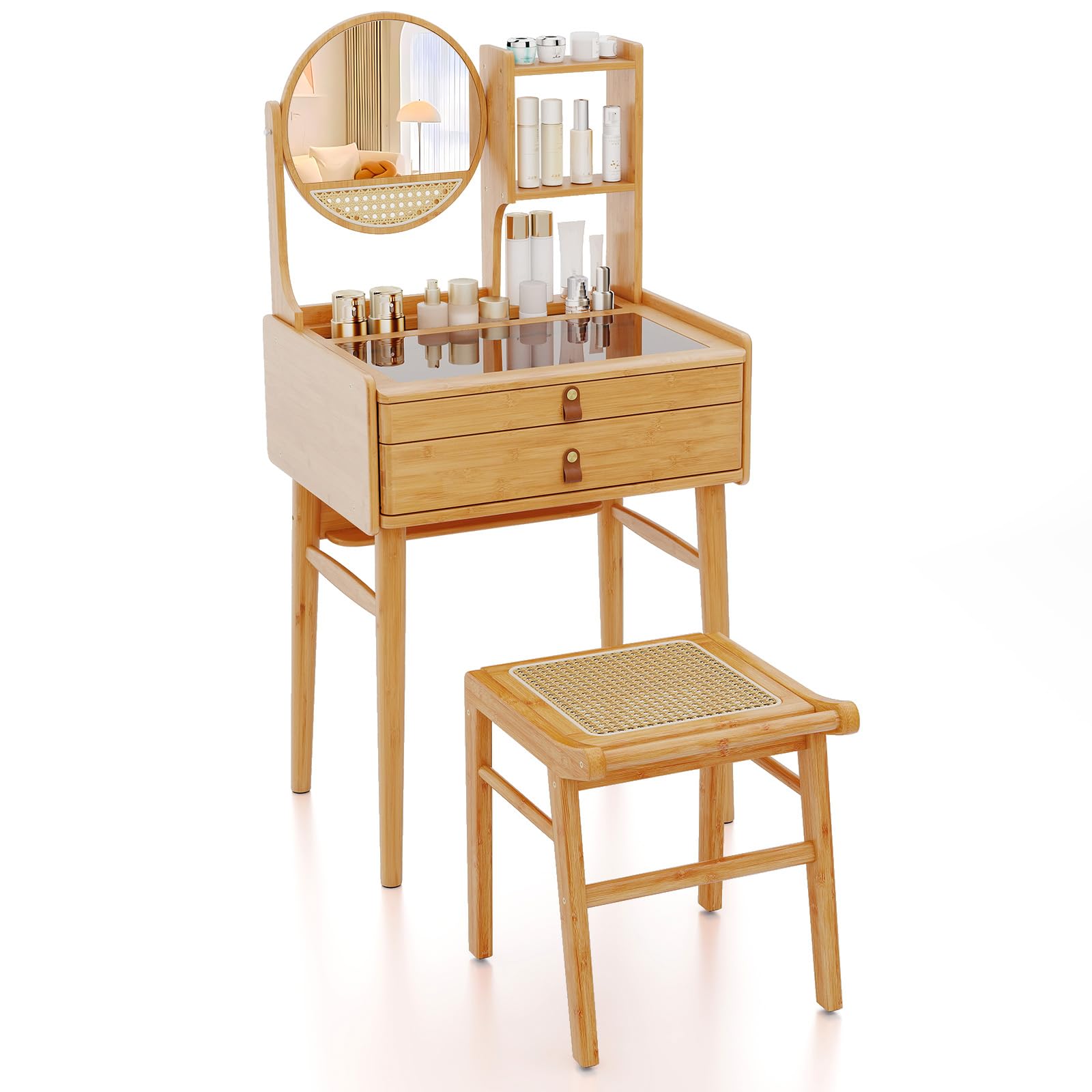 CHARMAID Small Bamboo Vanity Desk with Mirror and Stool, Glass Top Makeup Vanity Table with Storage Drawers, Shelves & Deep Tabletop Groove, Compact Dressing Table for Bedroom Small Spaces, 23.5" W